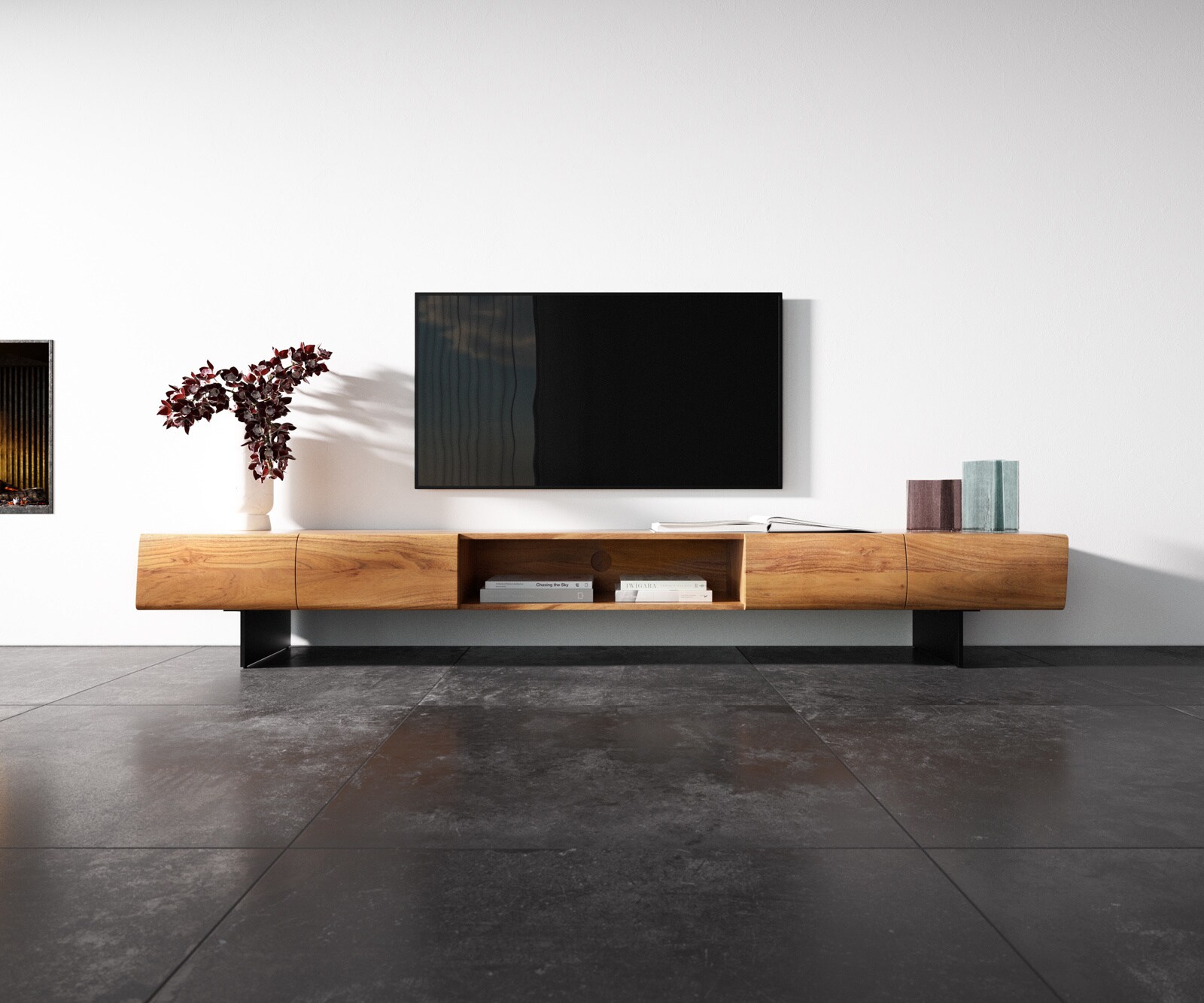 TV-meubel New Live-Edge 240 cm acacia natuur 4 deuren 1 vak zwevende poot metaal zwart 3