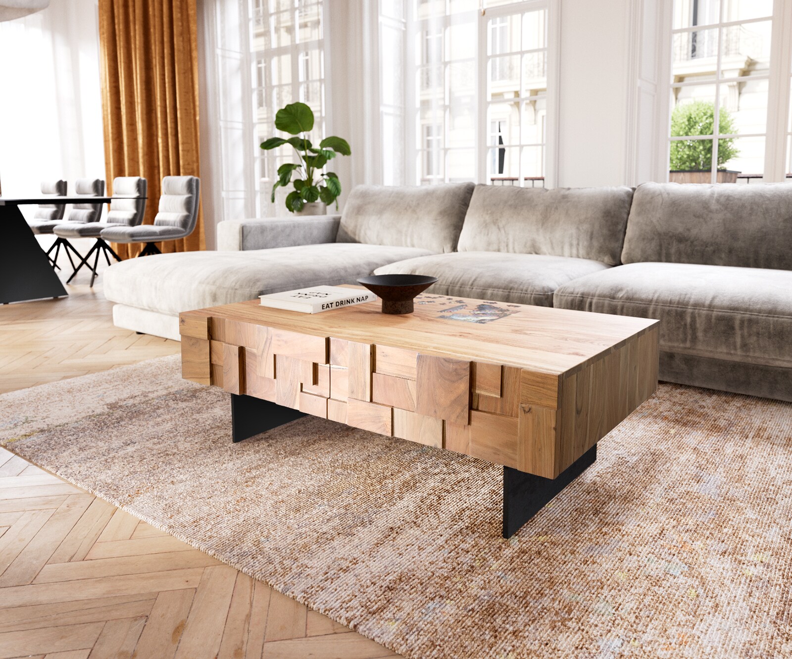 Salontafel Puzzle 120 cm 4 laden natuur acacia Onderstel zwevend metaal zwart