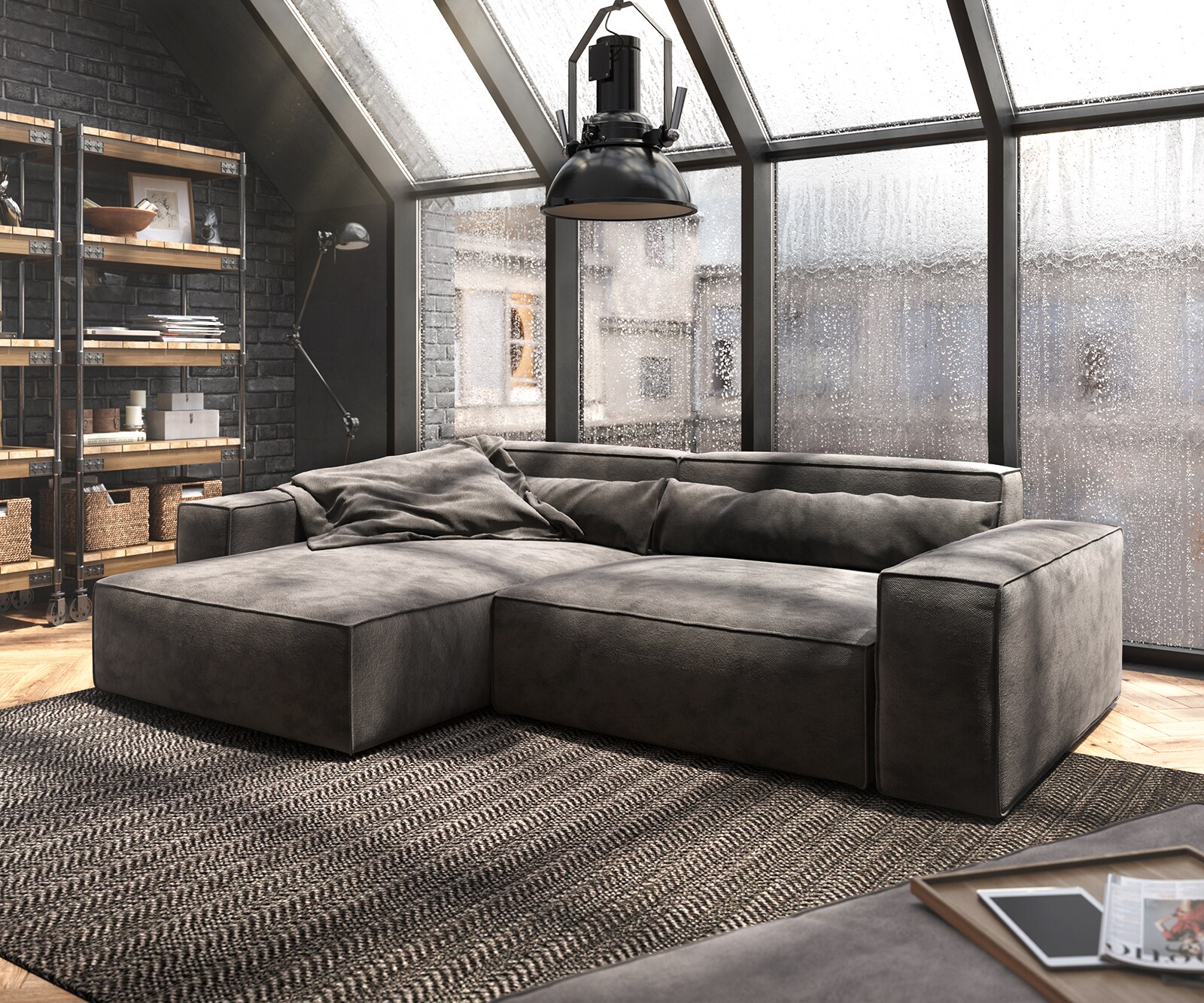 Hoekbank Sirpio XL 270x170 cm microvezel kaki bruin recamiere variabele met kruk