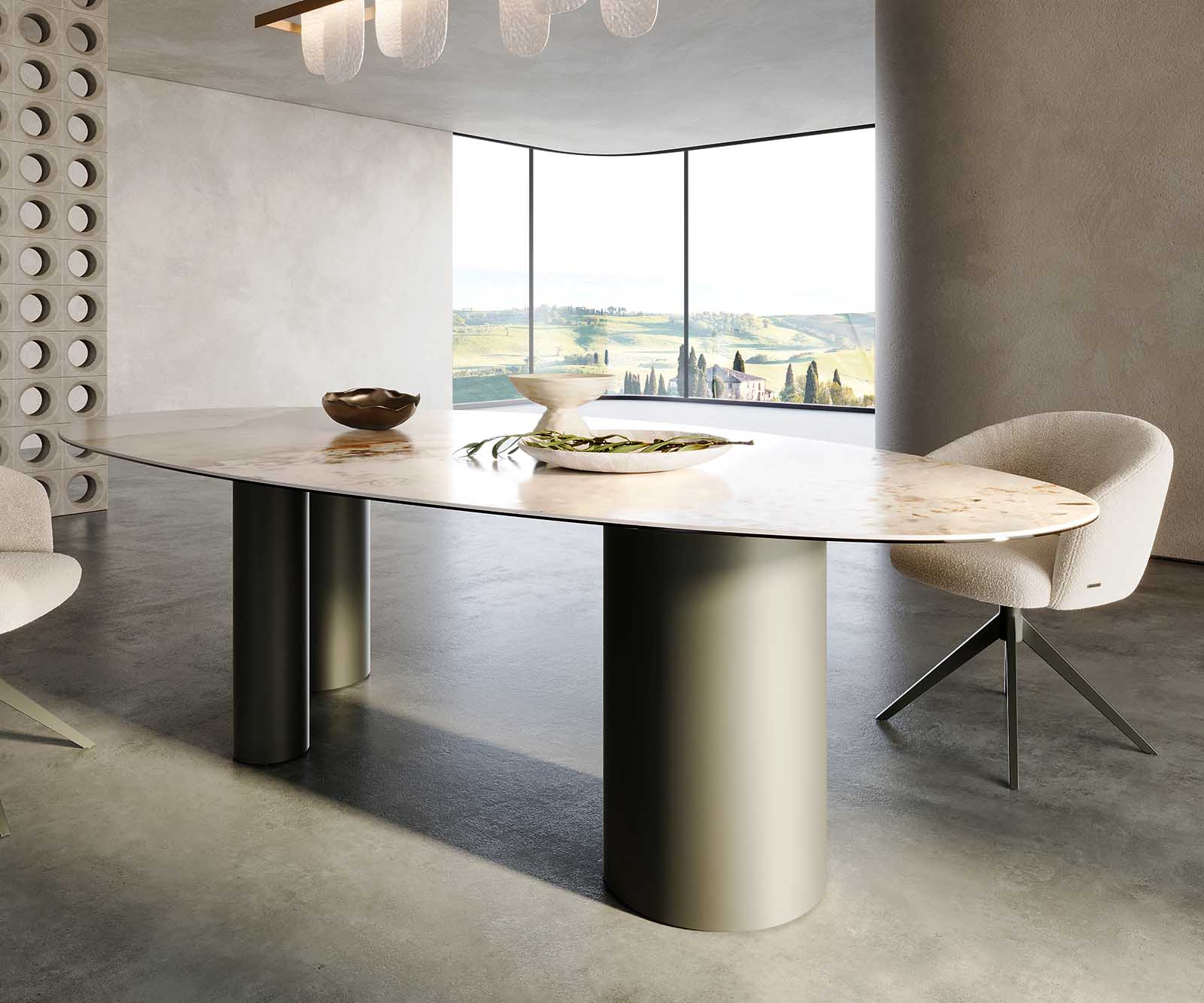 Eettafel Edge ovaal 280x130 keramiek Minas Melange wit-beige Troa metaal effect afwerking titanium 5
