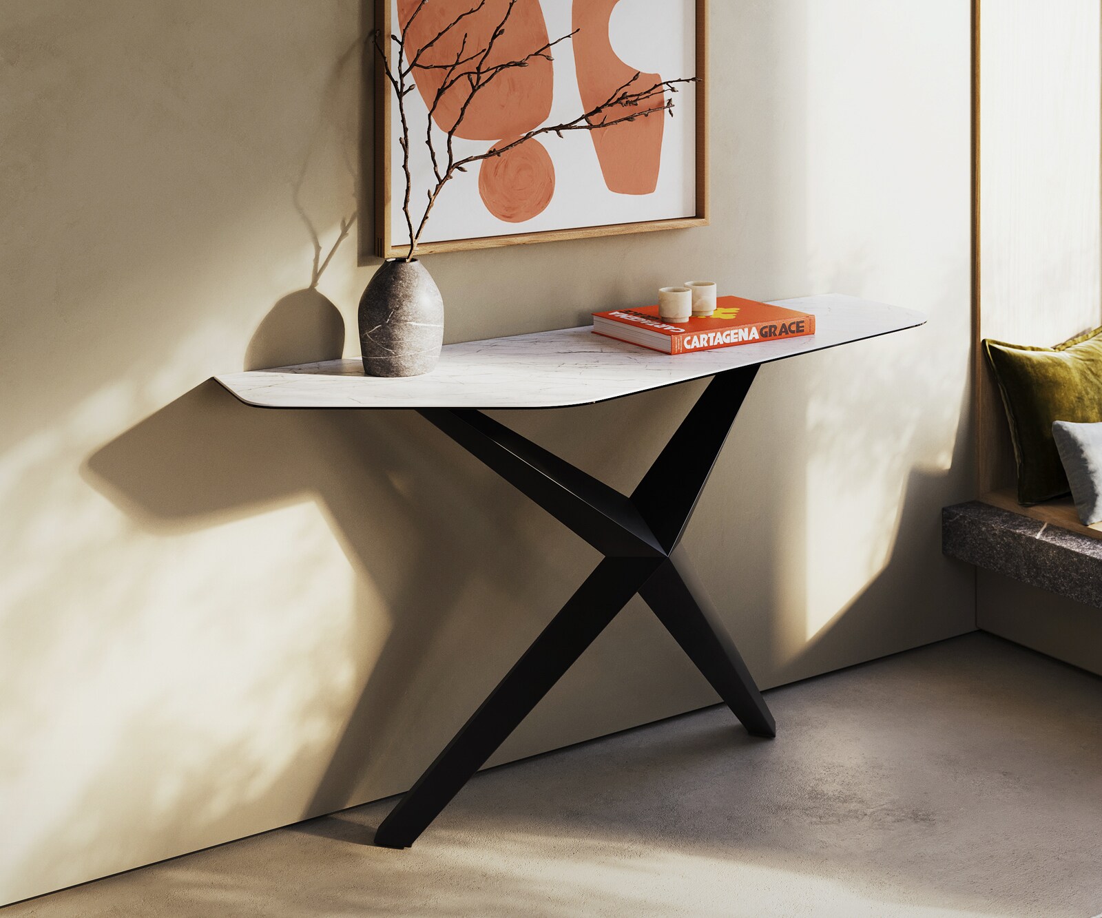 Consoletafel Edge Polygonaal 140x50 cm Keramiek Laminam® Statuarietto Weiß Zentharo Metaal Zwart 4