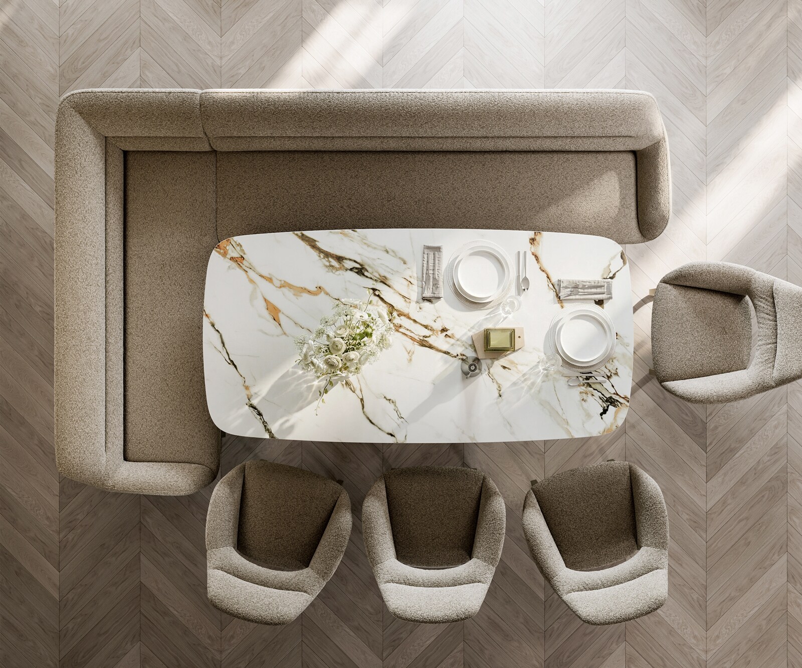 Eetkamerbank Taya-Flex 285x190 cm bouclé mud platte sledebasis afwerking met titaniumeffect pocketvering rechts 6