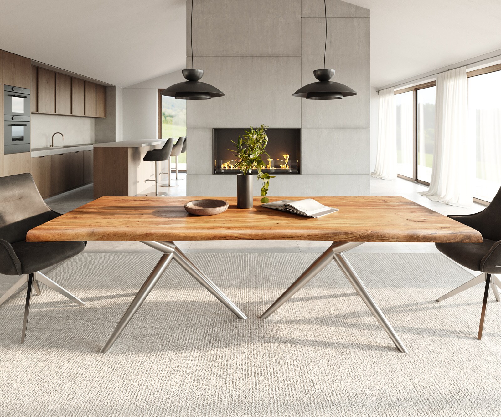 Eettafel Edge 240x100 acacia natuur Estelar rond RVS Live-Edge 1