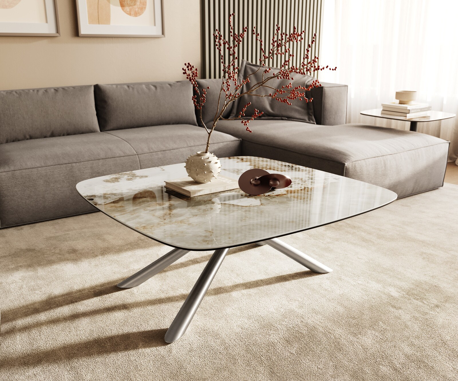 Salontafel Edge Boot 90x90 cm keramiek Minas Melange Sarity geborsteld roestvrij staal 1