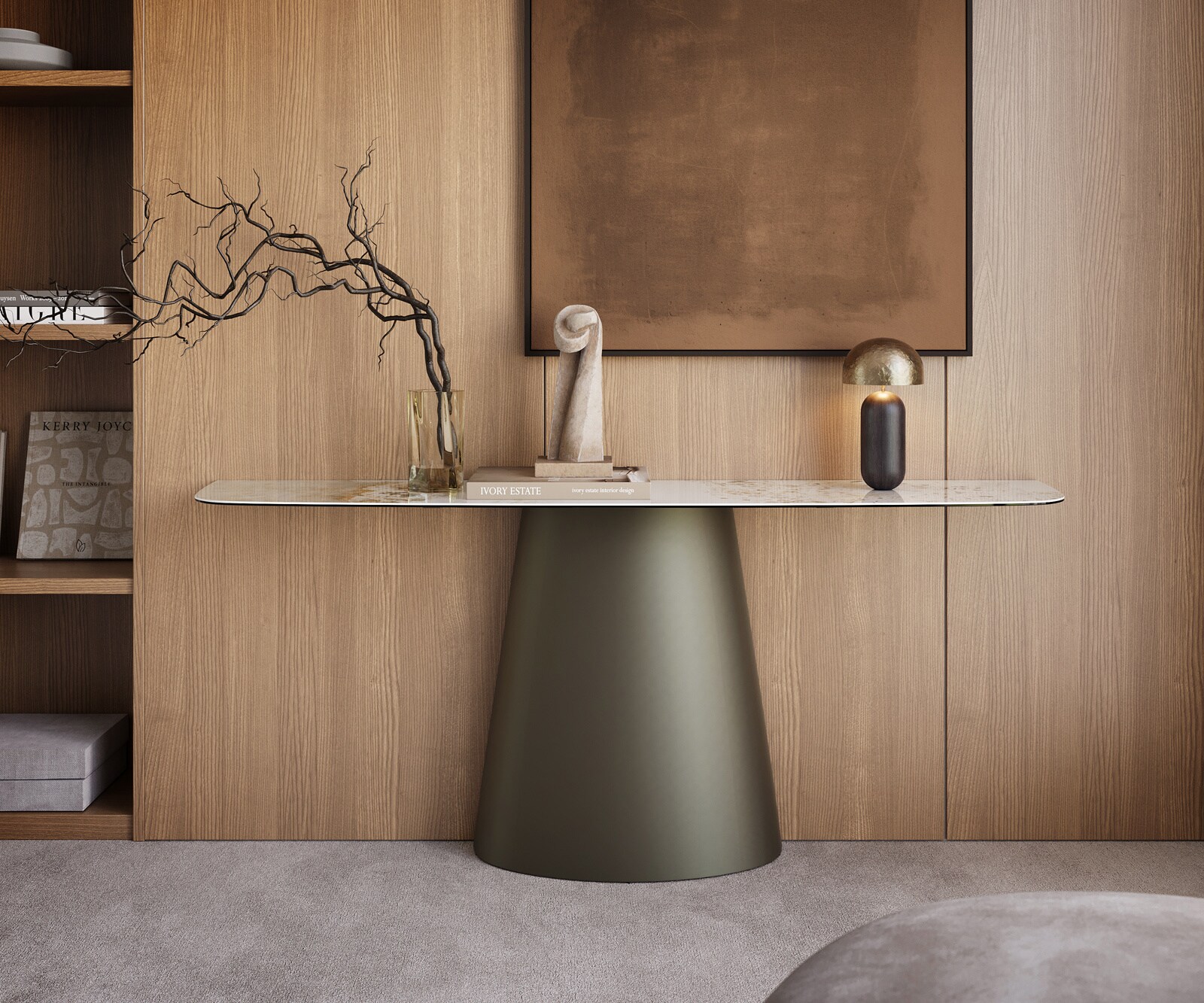 Consoletafel Edge Bootvorm 180x40 cm Keramiek Minas Melange Weiß-Beige Conos Metaal Effektfinish Titan 4