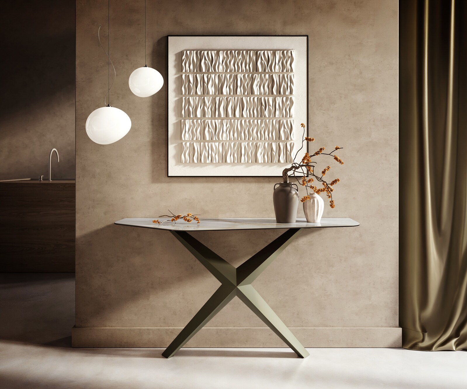 Consoletafel Edge Polygonaal 140x50 cm Keramiek Onyx Pearl Zentharo Metaal Effektfinish Titan 1
