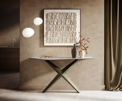 Consoletafel Edge Polygonaal 140x50 cm Keramiek Onyx Pearl Zentharo Metaal Effektfinish Titan