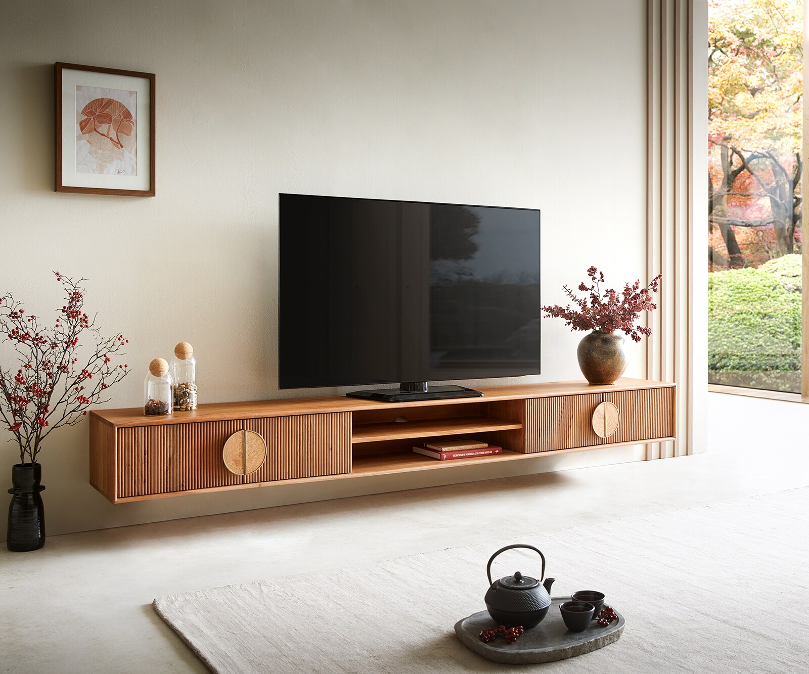 TV-meubel Surimu 240 cm acacia lichtbruin 4 deuren 2 vakken Kork-Griff zwevend