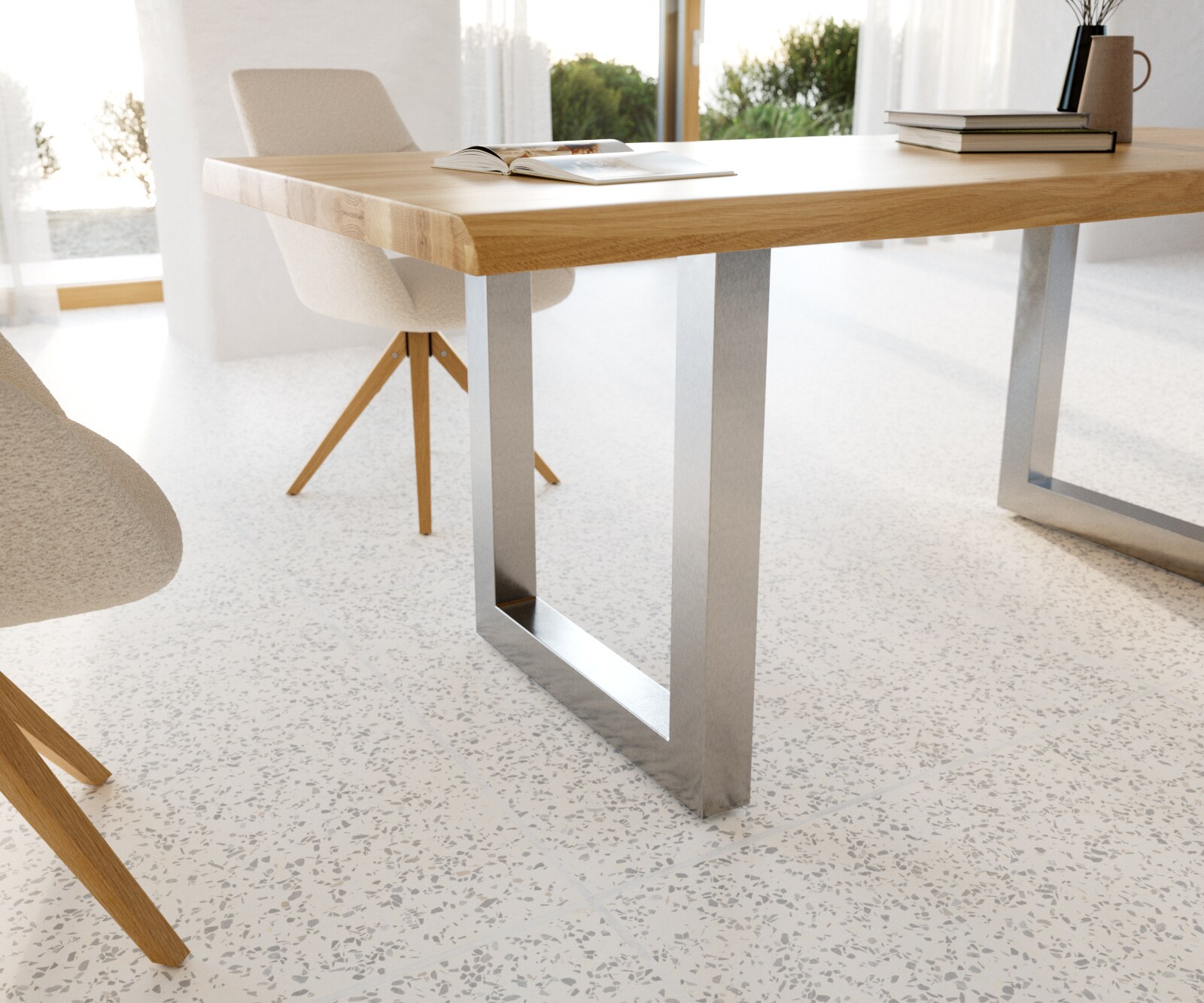 Eettafel Edge 200x100 eiken natuur roestvrij staal  breed Live-Edge gelakt 5 Eettafel Edge 200x100 eiken natuur roestvrij staal  breed Live-Edge gelakt 5