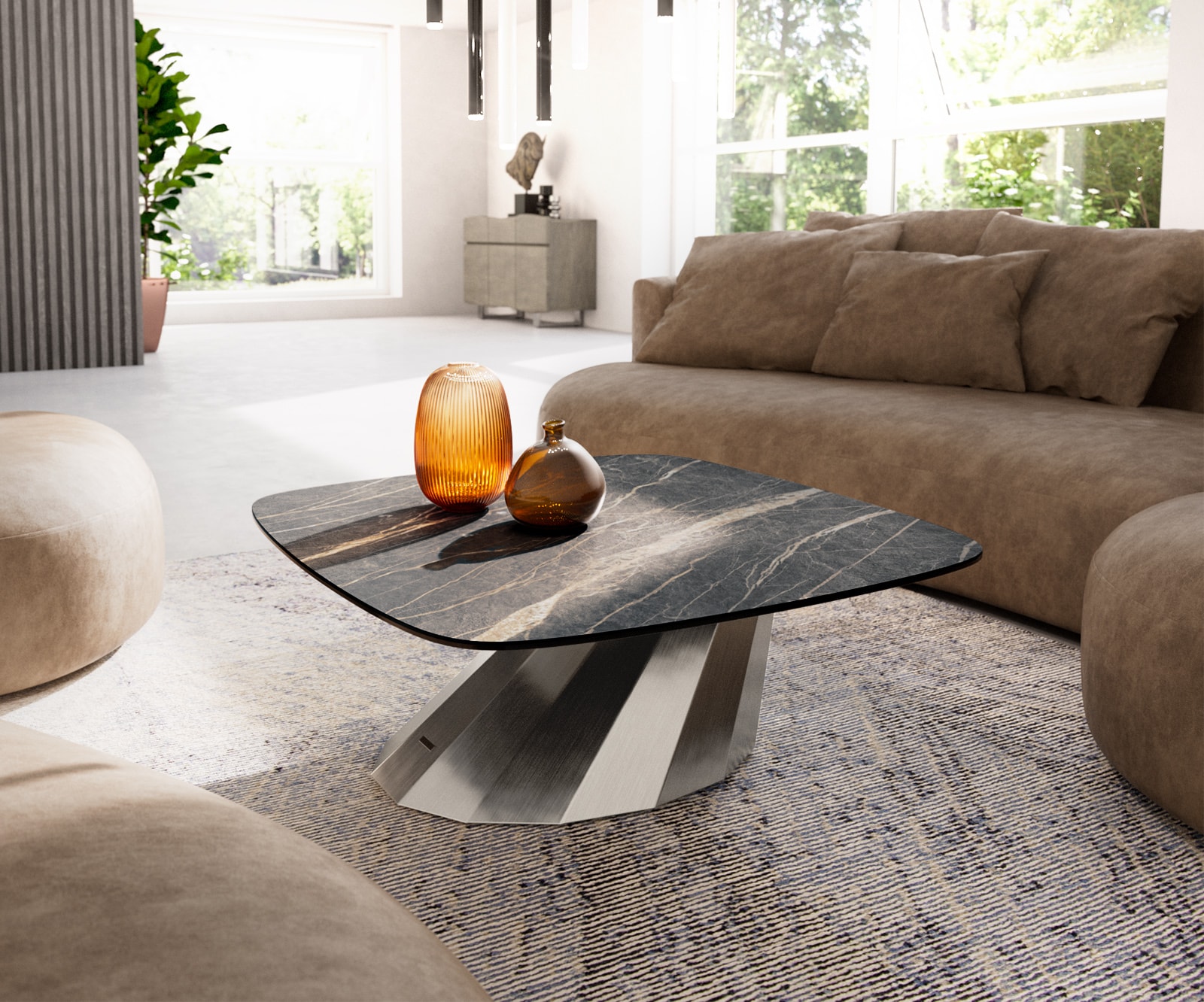 Salontafel Edge Boot 90x90 cm keramiek Laminam® Noir Desir bruin Parabi geborsteld roestvrij staal 1