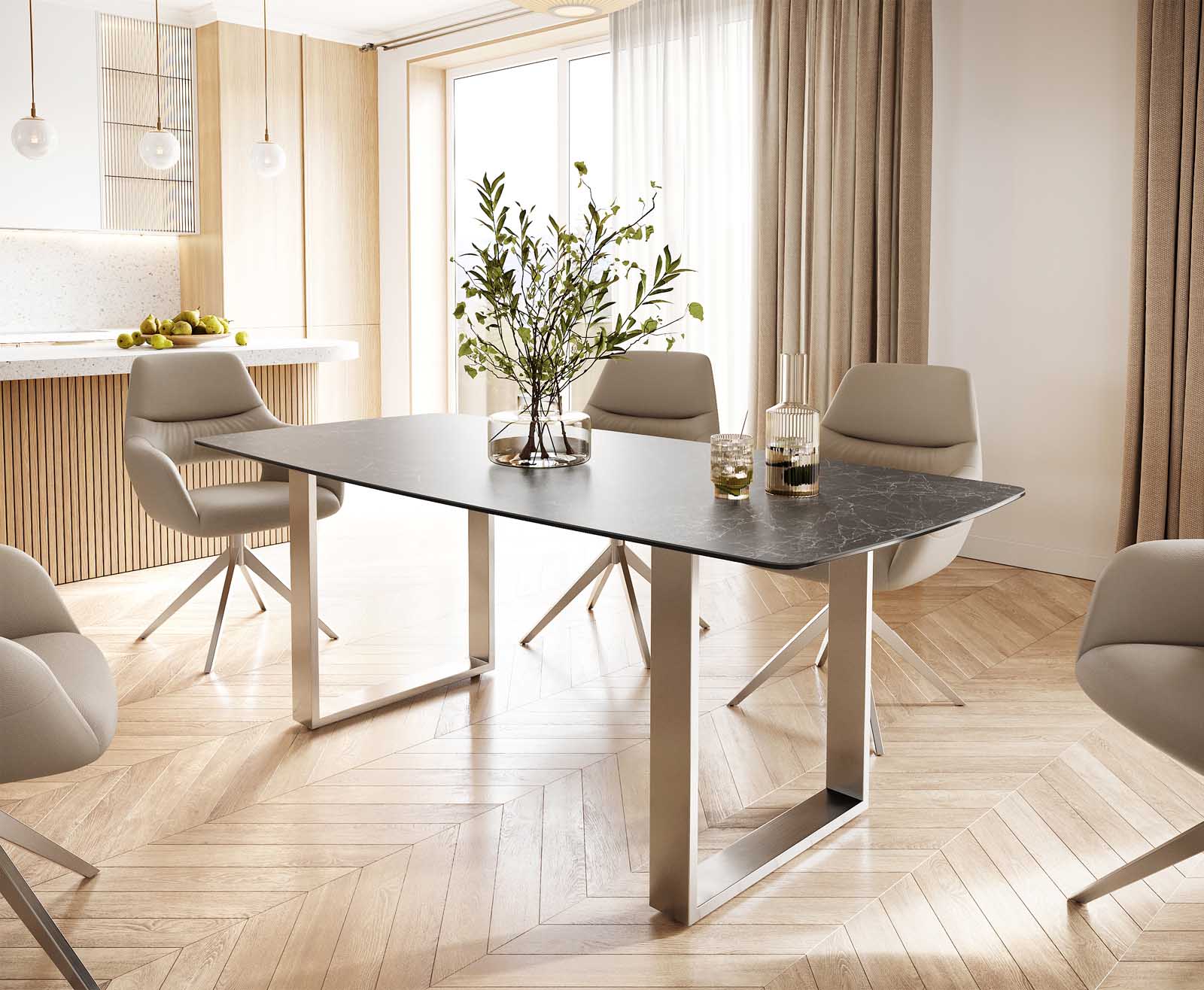 Eettafel Edge Bootsform 200x100 keramiek Laminam® Nero Greco grijs roestvrij staal smal Eettafel Edge Bootsform 200x100 keramiek Laminam® Nero Greco grijs roestvrij staal smal