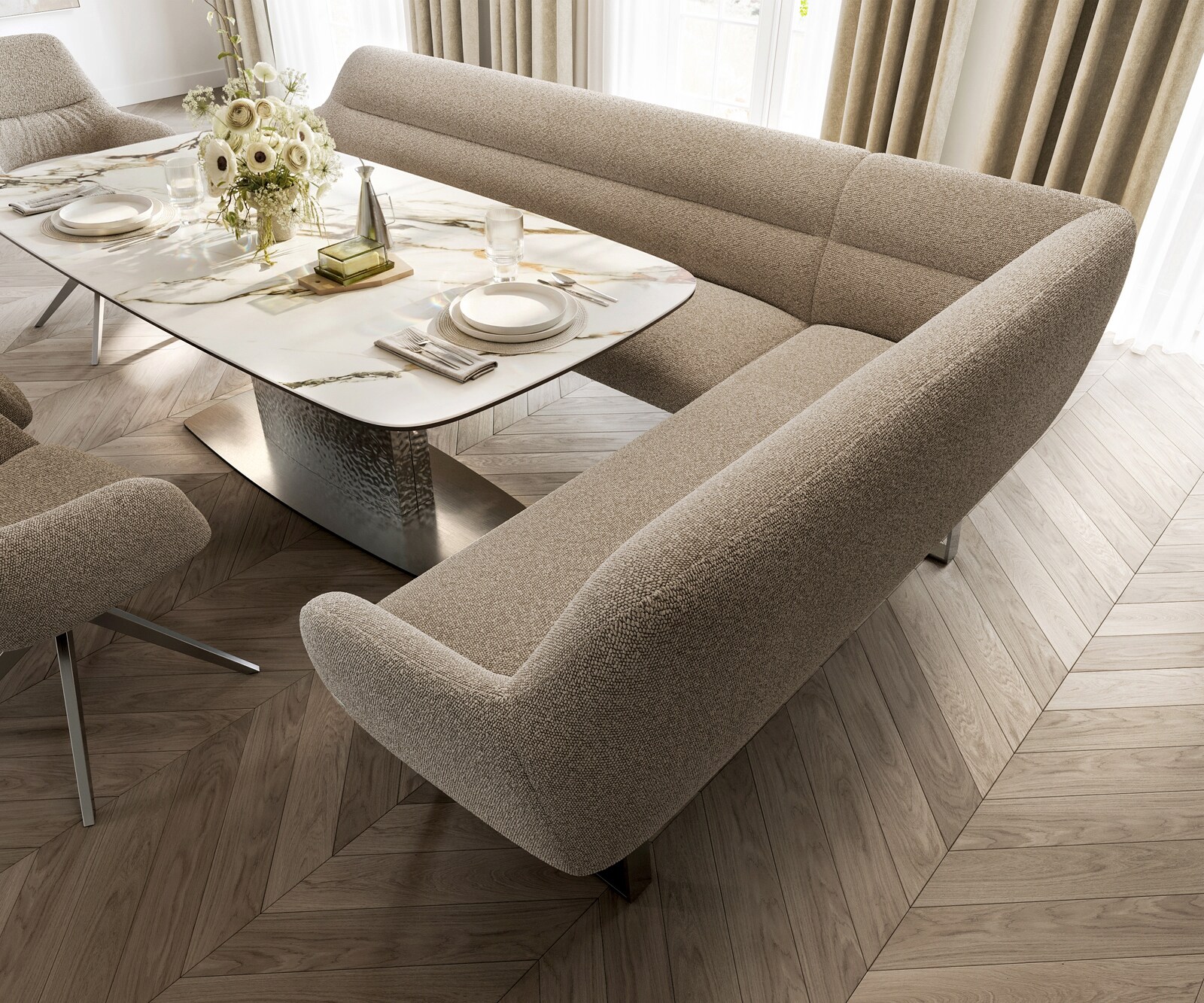 Eetkamerbank Taya-Flex 285x190 cm bouclé mud gekant sledeframe roestvrij staal pocketvering links 4