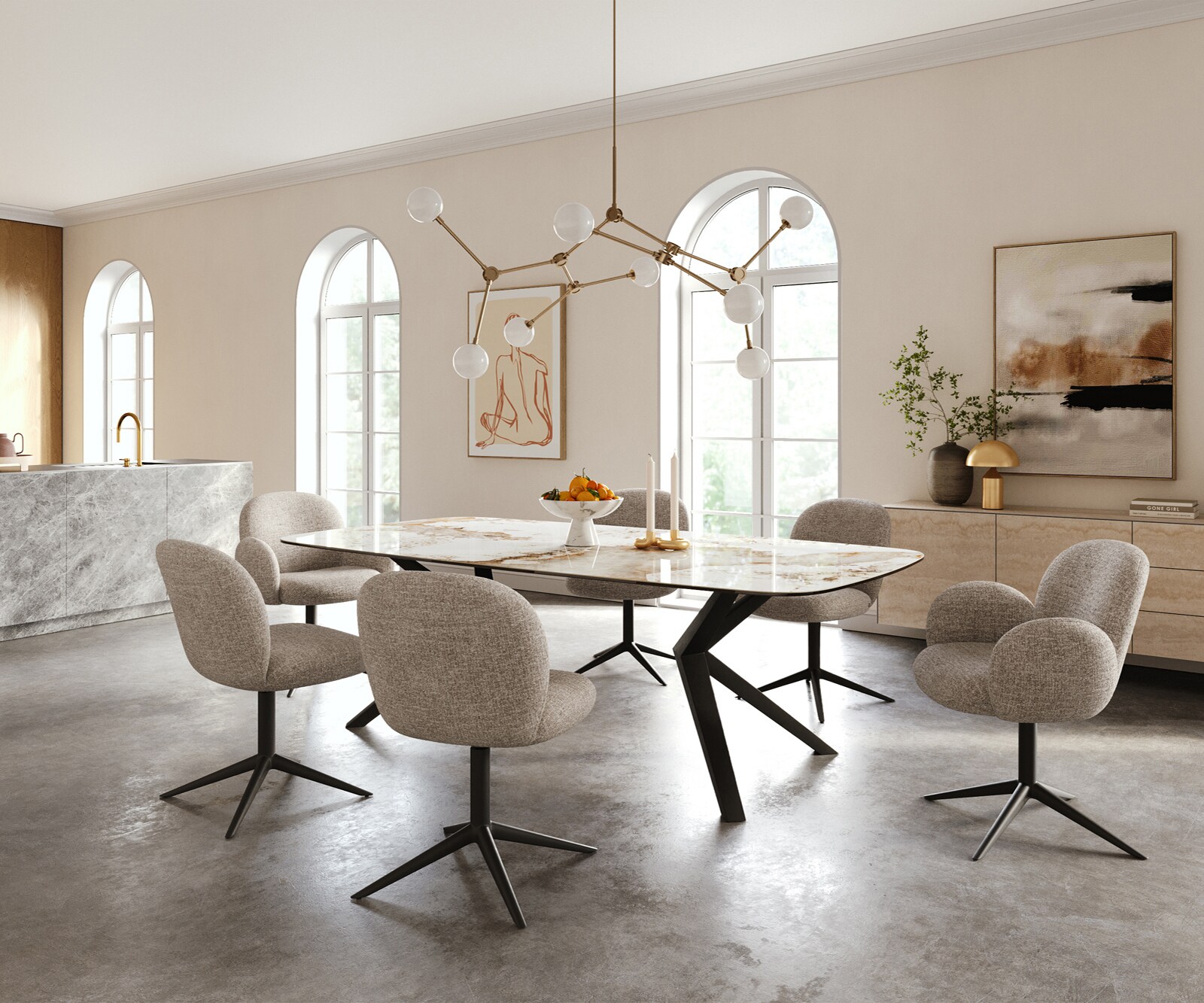 Eettafel Edge Boot 240x120 cm Keramiek Minas Melange Wit-Beige Zenthara hoekig Metaal Zwart 6