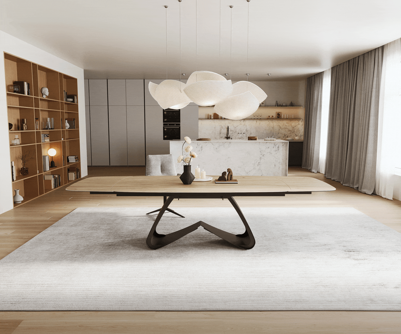 Eettafel Edge Boot 200-300x120 cm Keramiek Laminam® Sabbia Eichefarbig W-onderstel Zwart uitschuifbaar 2