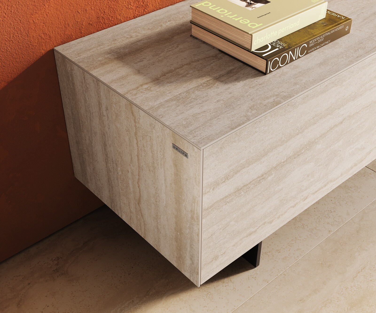 Tv-meubel Cuor 220 cm Keramiek Laminam® Travertino Bianco Crème-wit 1 Flap 2 Laden Zwevende voet look Metaal Zwart 6