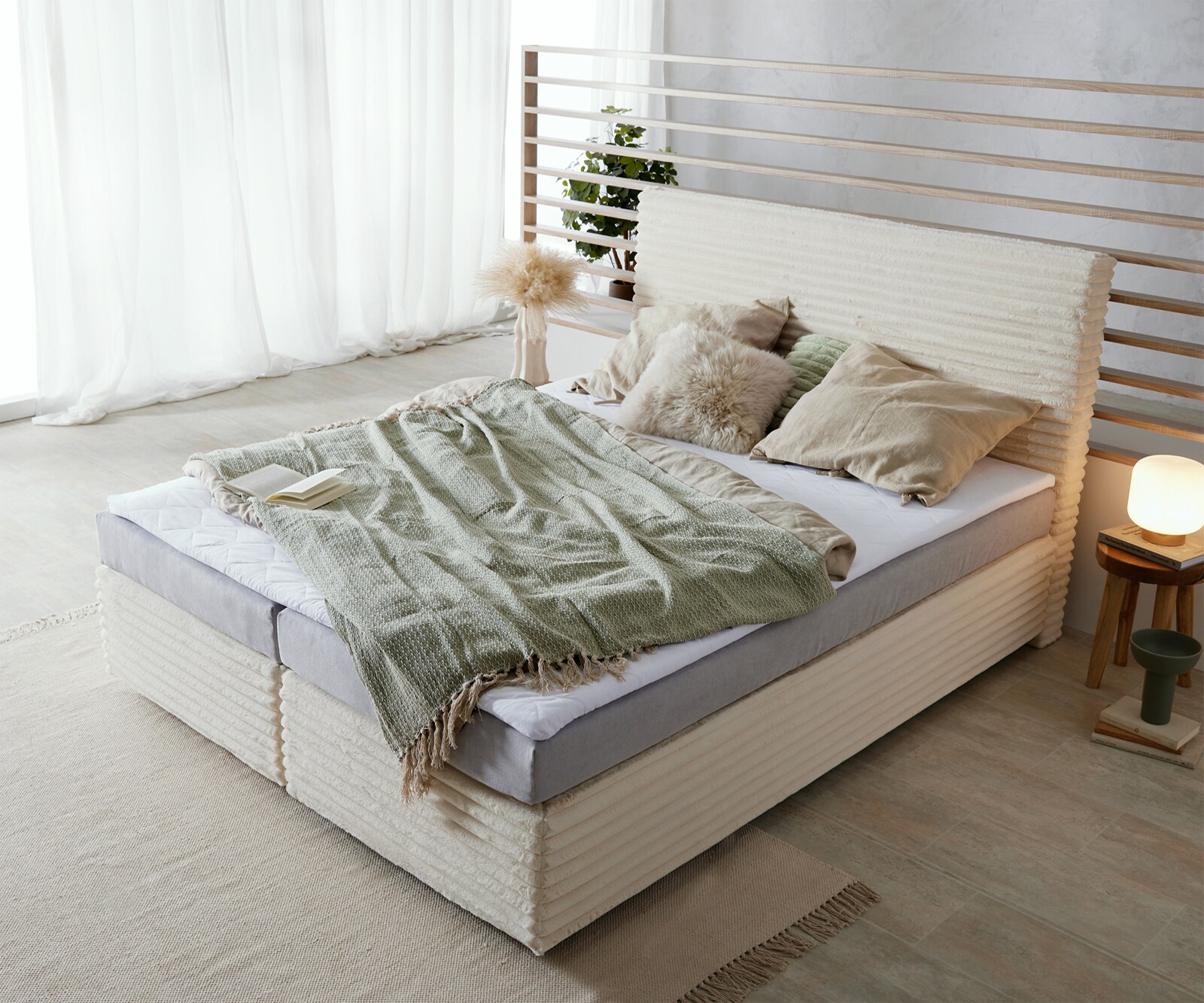 Boxspringbed Dream-Well pluche corduroy beige 160x200 cm Bonell matras PU topper 3 Boxspringbed Dream-Well pluche corduroy beige 160x200 cm Bonell matras PU topper 3