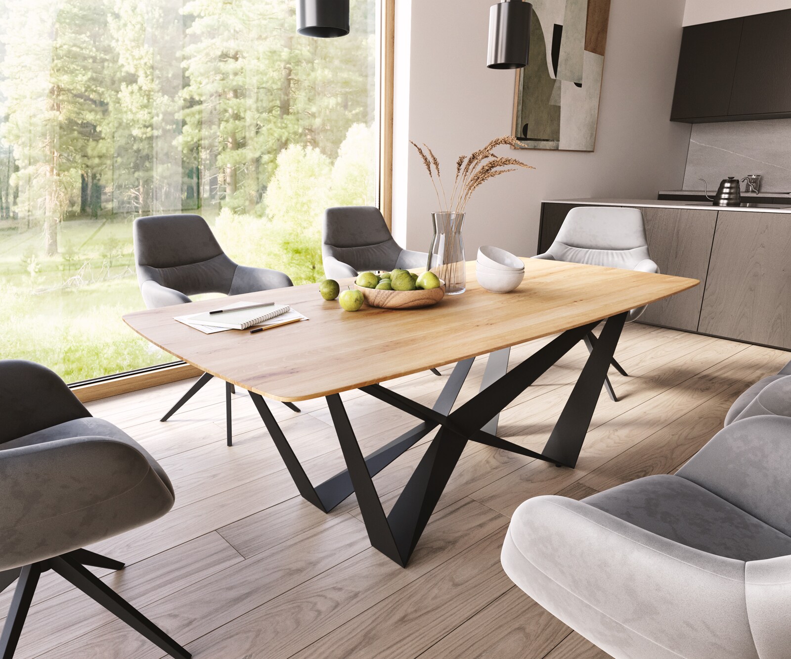 Eettafel Edge Boot 200x100x2,5-3 eiken natuur Spider staal  zwart  Schweizer Kante 1