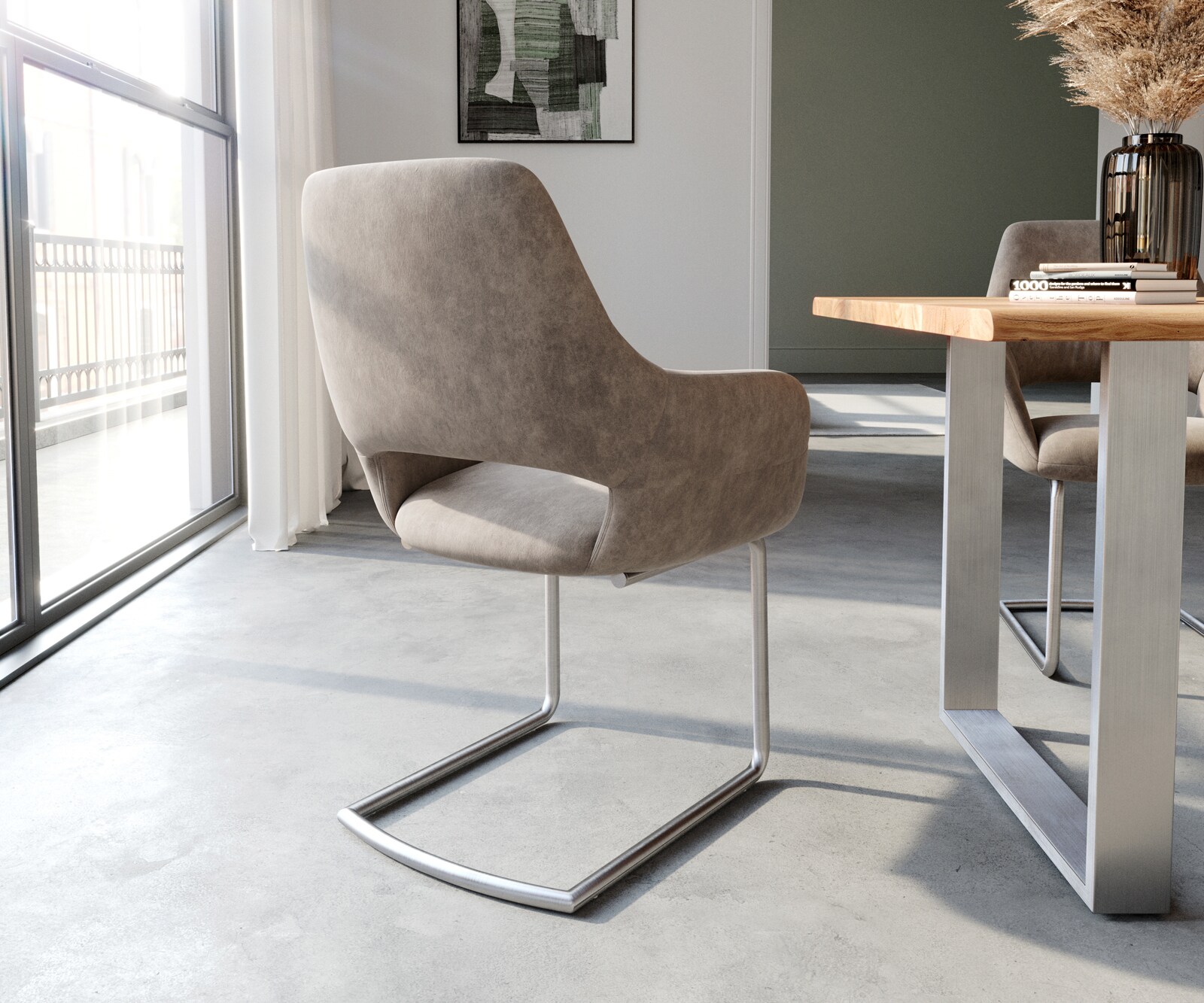 Sledemodel Yago-Flex met armleuning microvelours taupe vintage sledemodel rond roestvrij staal pocketveer kern 5