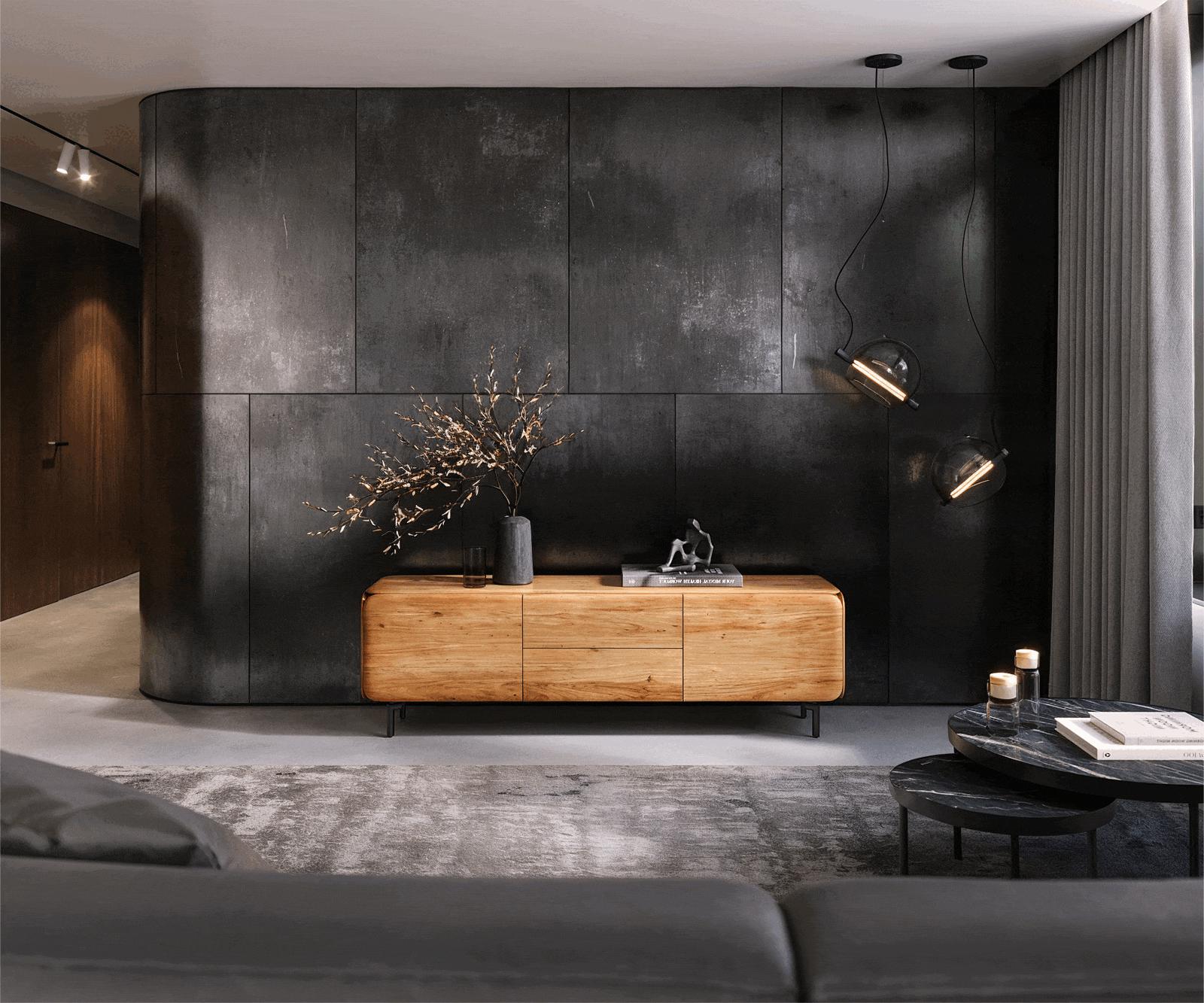 TV-meubel Shavani 175 cm acacia natuur 2 deuren 2 lades ovale metalen poot zwart 1