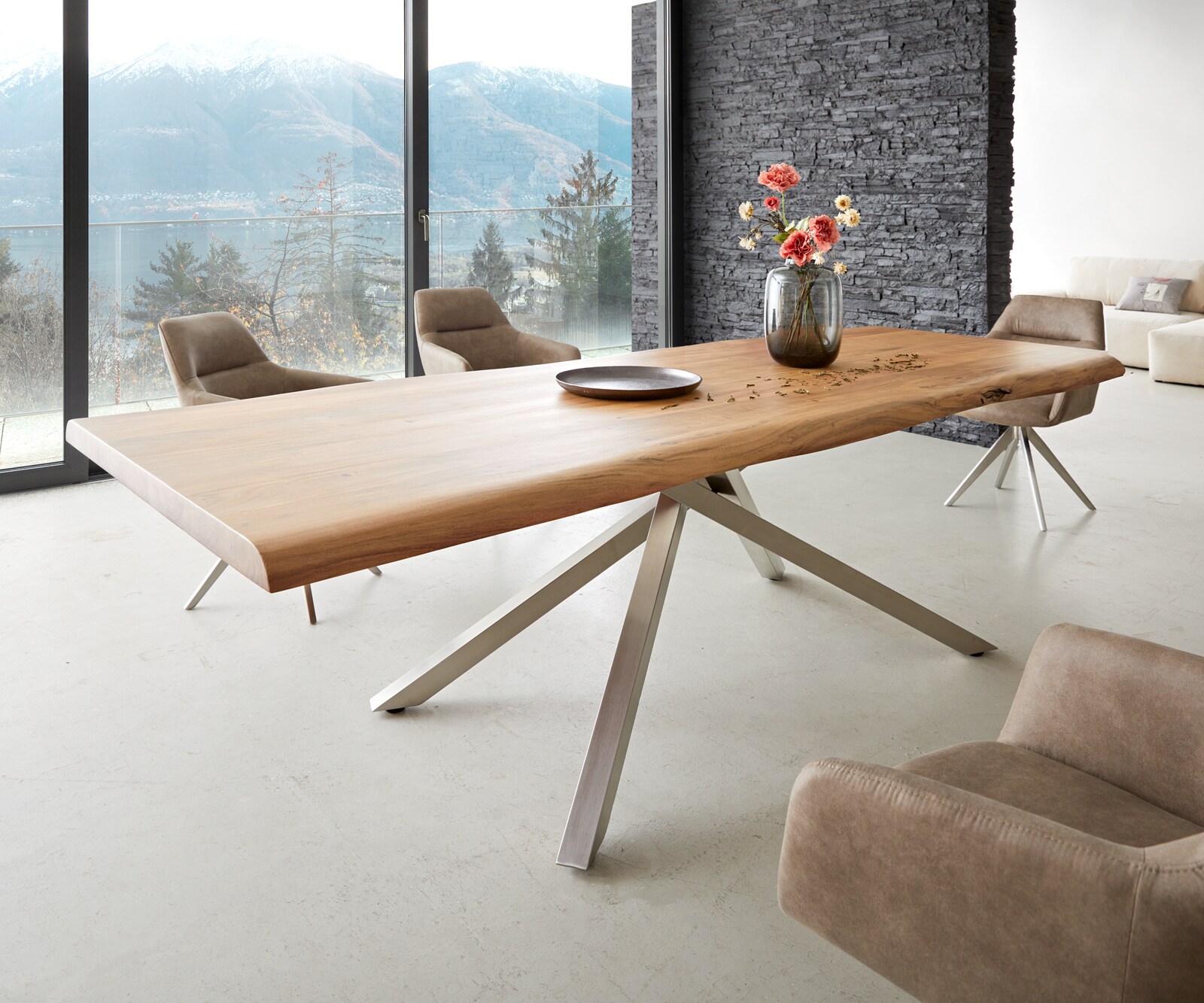 Eettafel Edge 260x100 XL acacia natuur kruisframe rechthoek roestvrij staal  Live-Edge