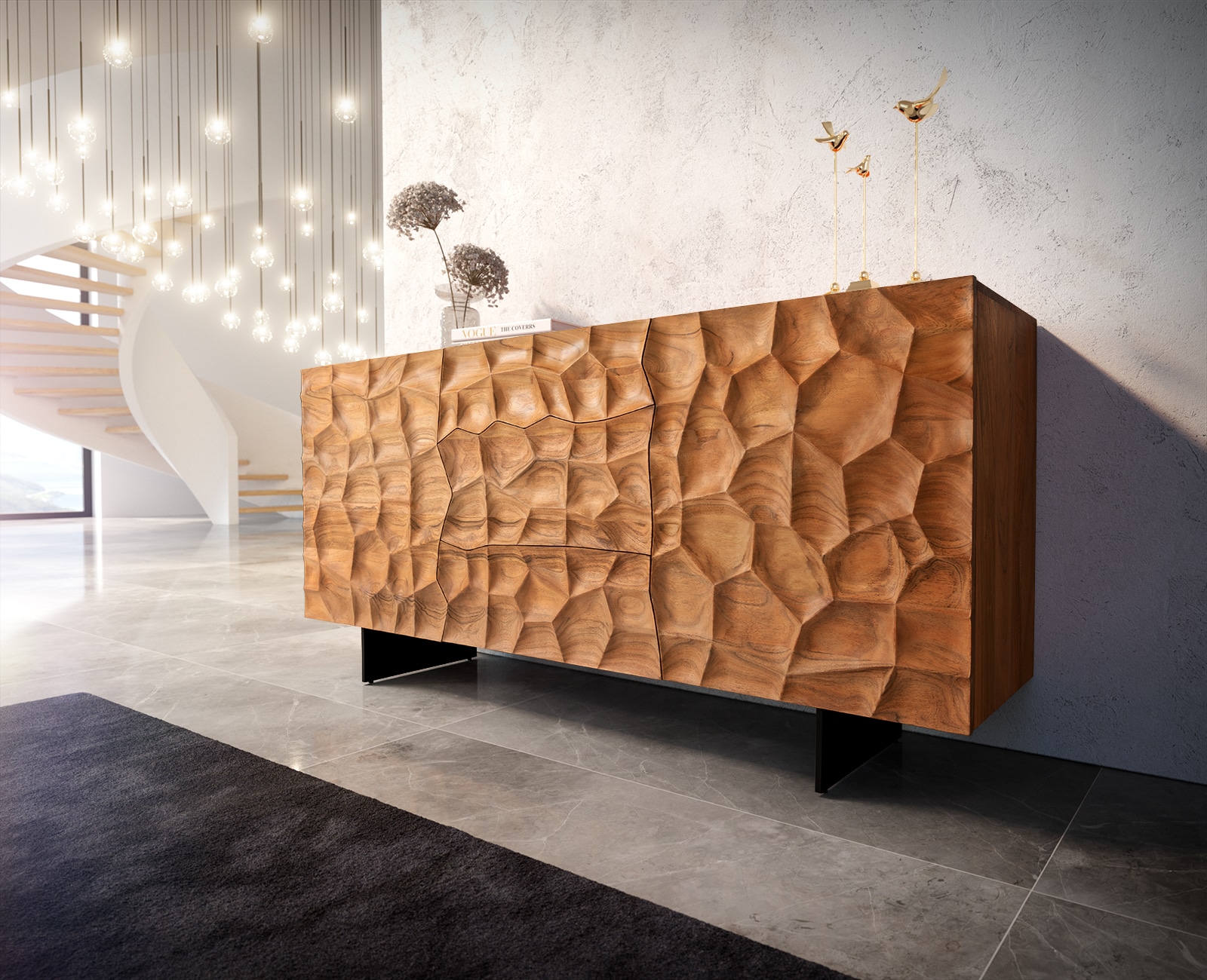 Dressoir Solu 175 cm acacia natuur 2 deuren 3 laden onderstel zwevend metaal zwart 3D-front Dressoir Solu 175 cm acacia natuur 2 deuren 3 laden onderstel zwevend metaal zwart 3D-front