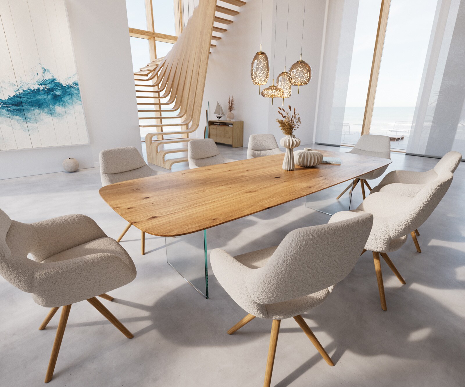 Eettafel Edge Boot 300x120x2,5-3 eiken natuur glas Schweizer Kante 6