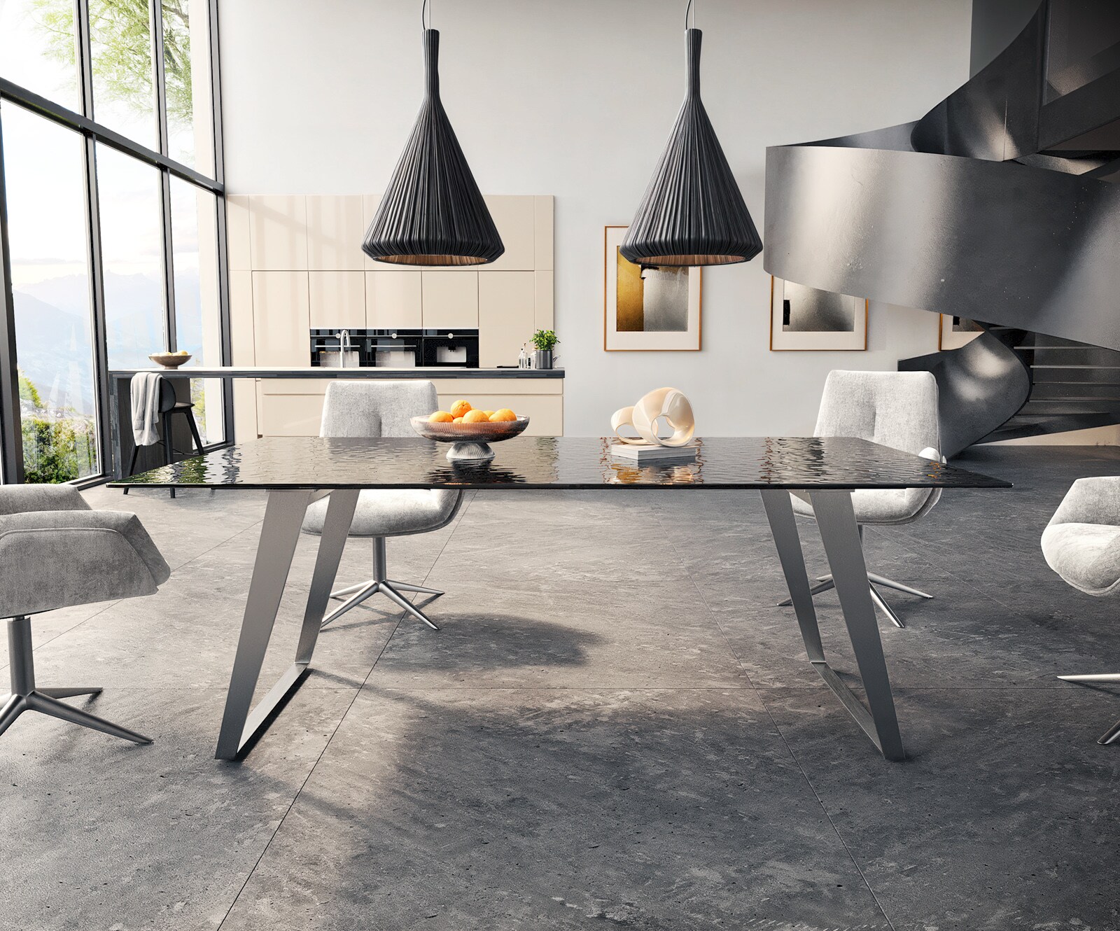 Eetkamertafel Edge 200x100 Glas smelten rokerig zwart 3D-Relief RVS schuin 1