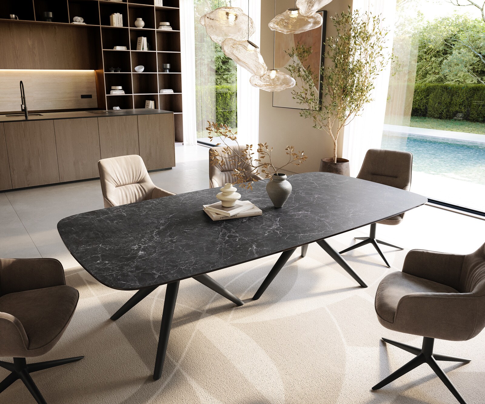 Eettafel Edge Boot 240x120 cm Keramiek Laminam® Nero Greco Anthrazit Estelar rond Metaal Zwart