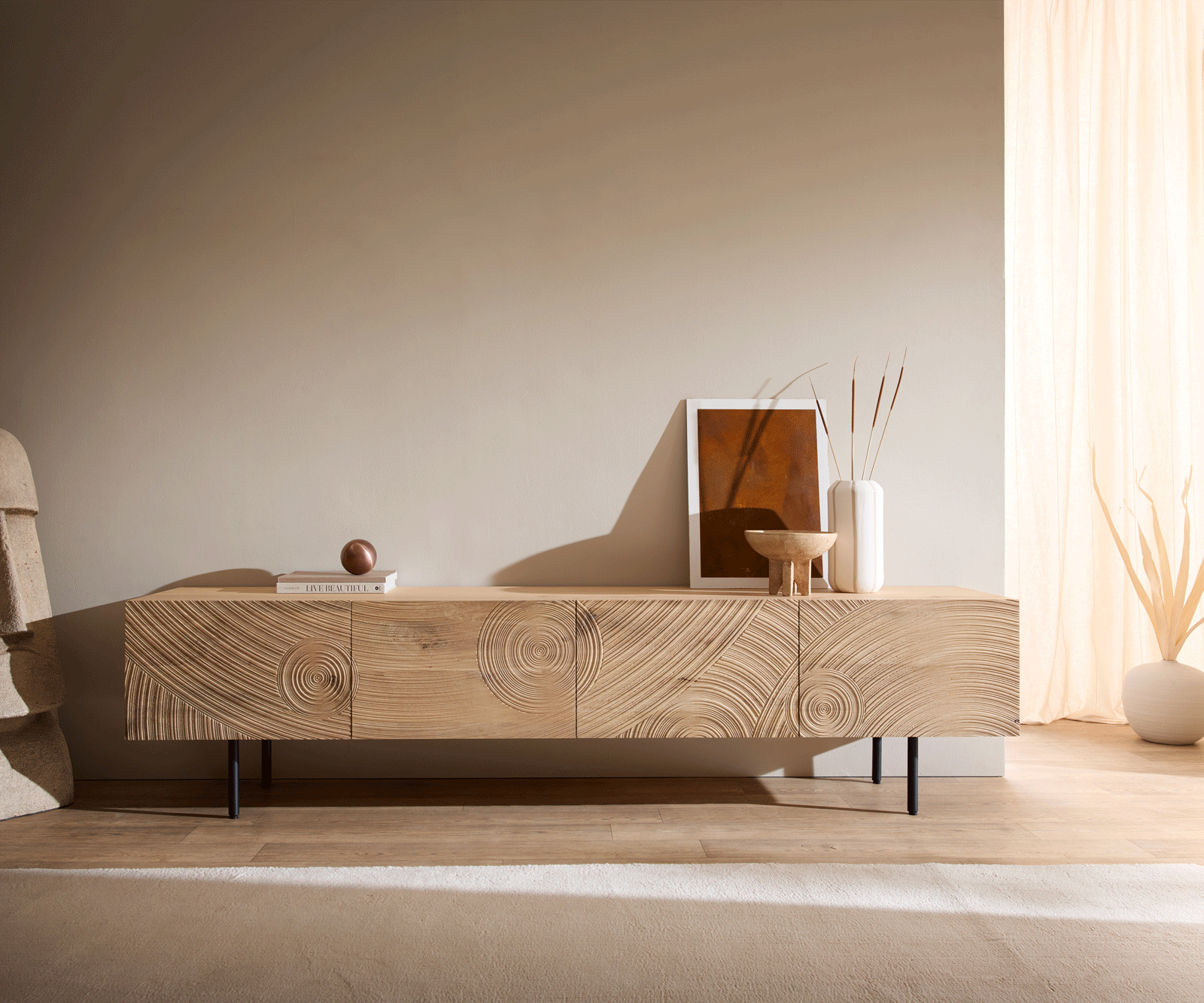 TV-meubel Ashara 220 cm eiken natuur 3D-effect 4 deuren ronde voet metaal zwart 4