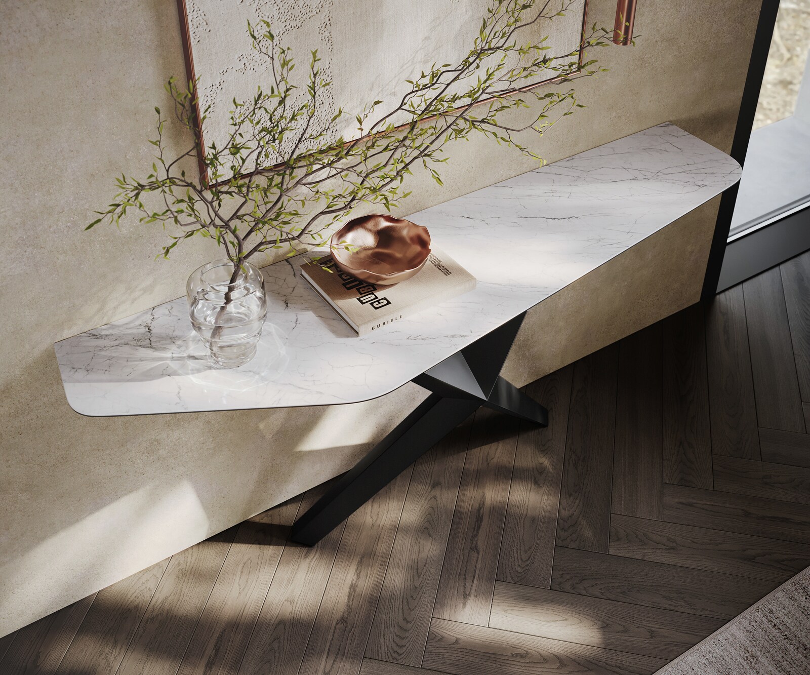 Consoletafel Edge Polygonaal 180x50 cm Keramiek Laminam® Statuarietto Weiß Zentharo Metaal Zwart 2