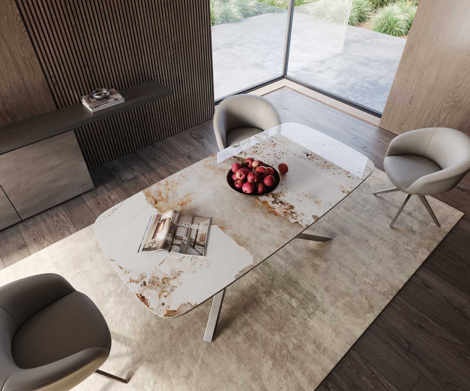 Eetkamertafel Edge Boot 200x100 keramiek Minas Melange wit-beige kruisframe rechthoek RVS 4 Eetkamertafel Edge Boot 200x100 keramiek Minas Melange wit-beige kruisframe rechthoek RVS 4