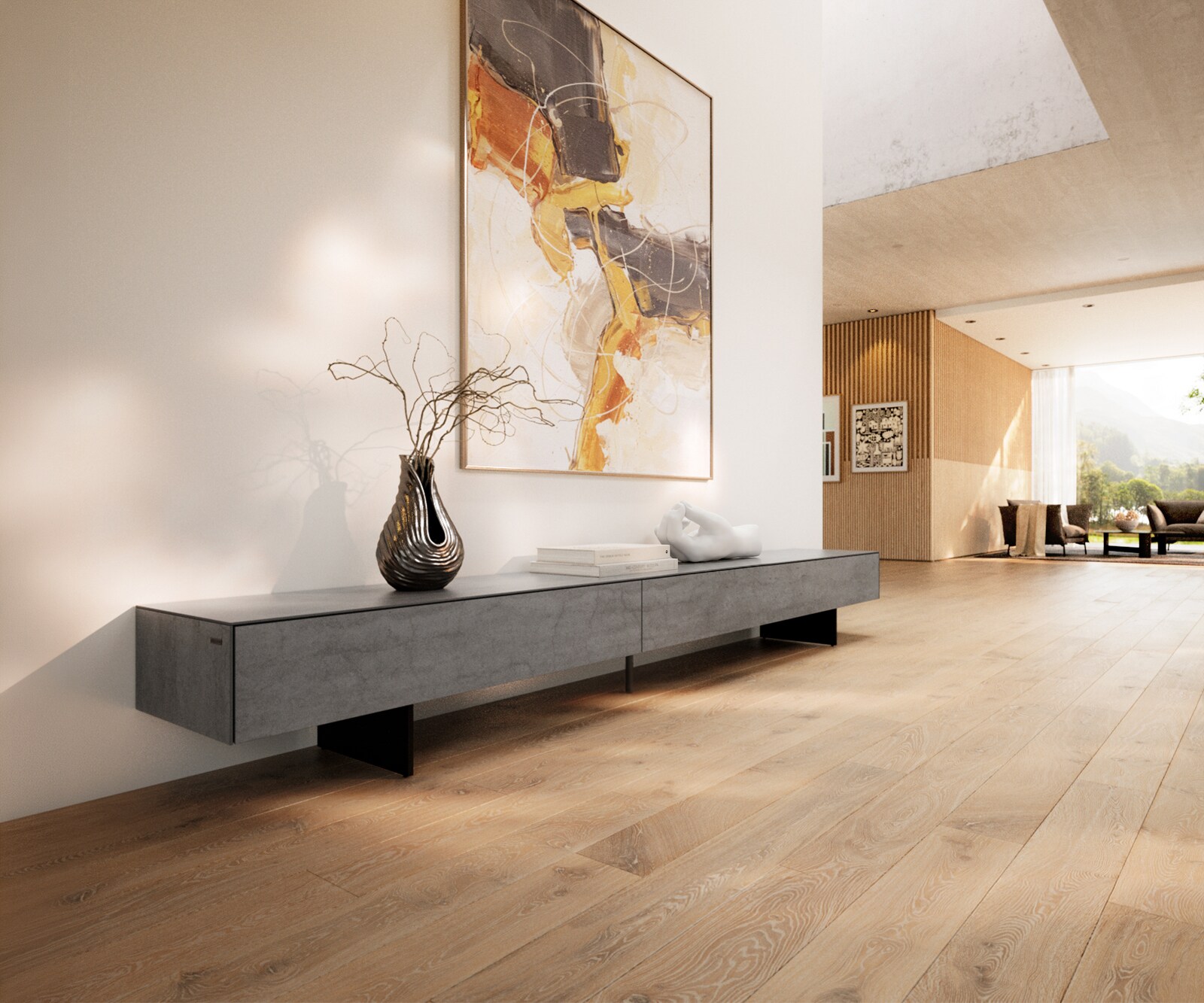 Tv-meubel Cuor 250 cm Keramiek Beton Grijs 1 Flap 1 Laden Zwevende voet look Metaal Zwart
