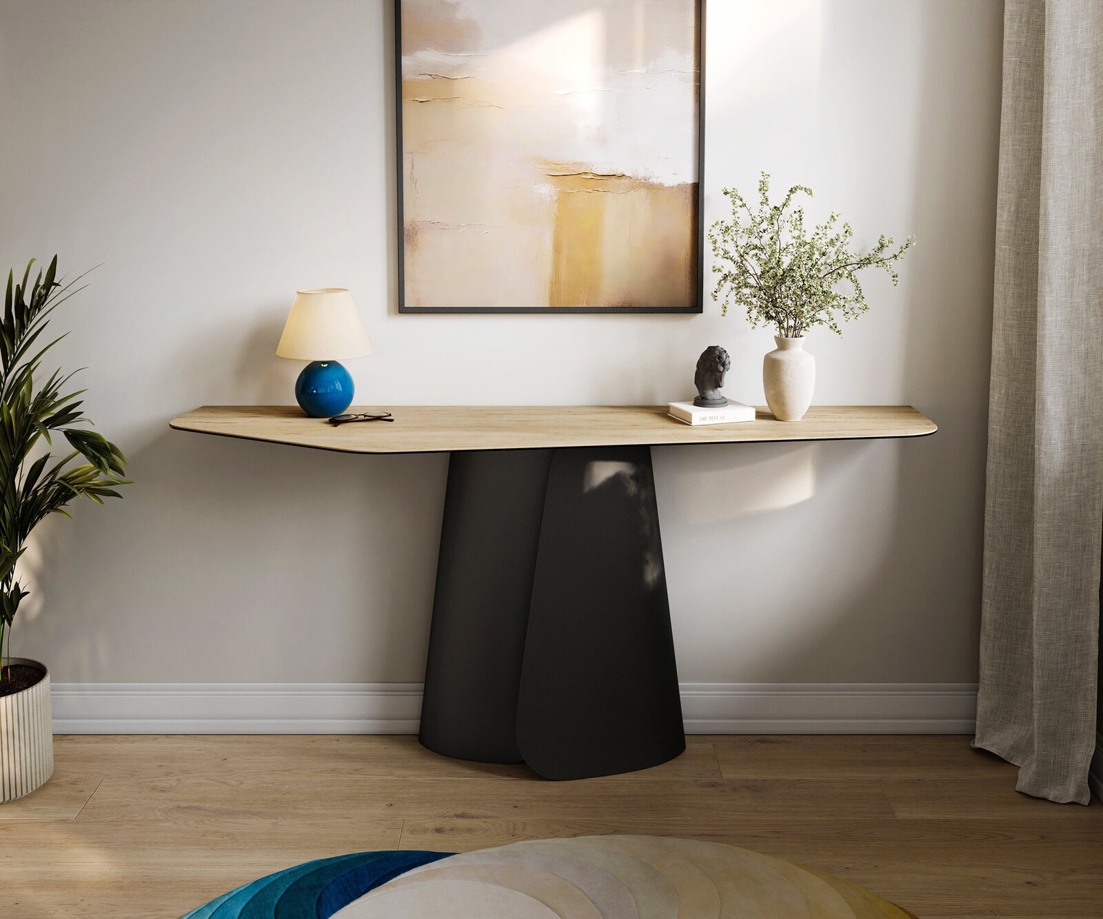 Consoletafel Edge Polygonaal 180x50 cm Keramiek Laminam® Sabbia Eichefarbig Livos Metaal Zwart 4