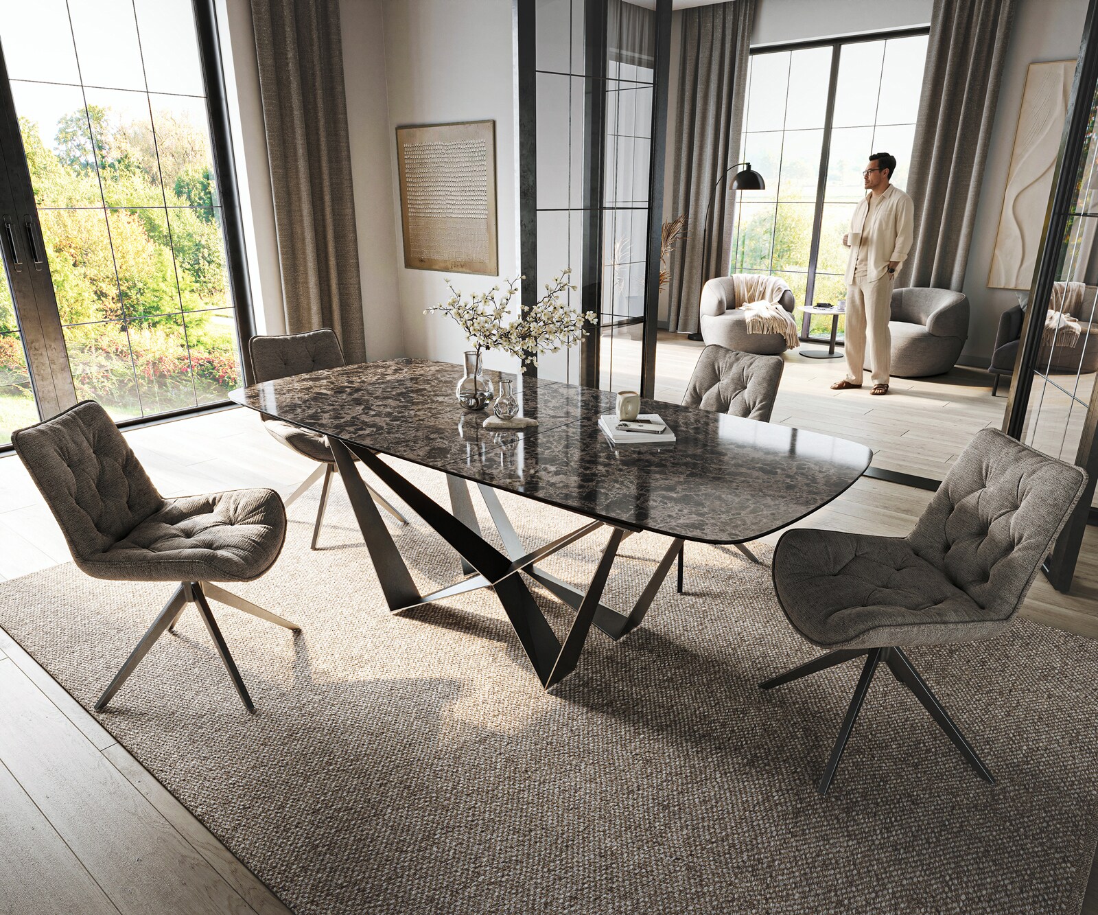 Eettafel Edge Boot 180-220x100 cm Keramiek Emperador Extra Lucidato Donkerbruin Spider Platstaal Roestvrij staal Grafiet uitschuifbaar 1
