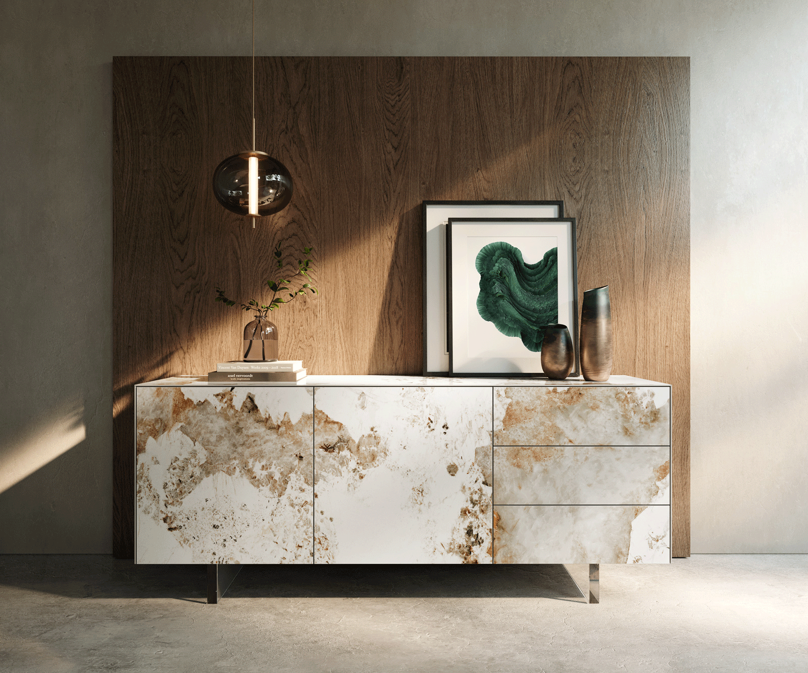 Dressoir Cuor 180 cm Keramiek Minas Melange Wit-beige 2 Deuren 3 Laden Zwevende voet look Acrylglas 1