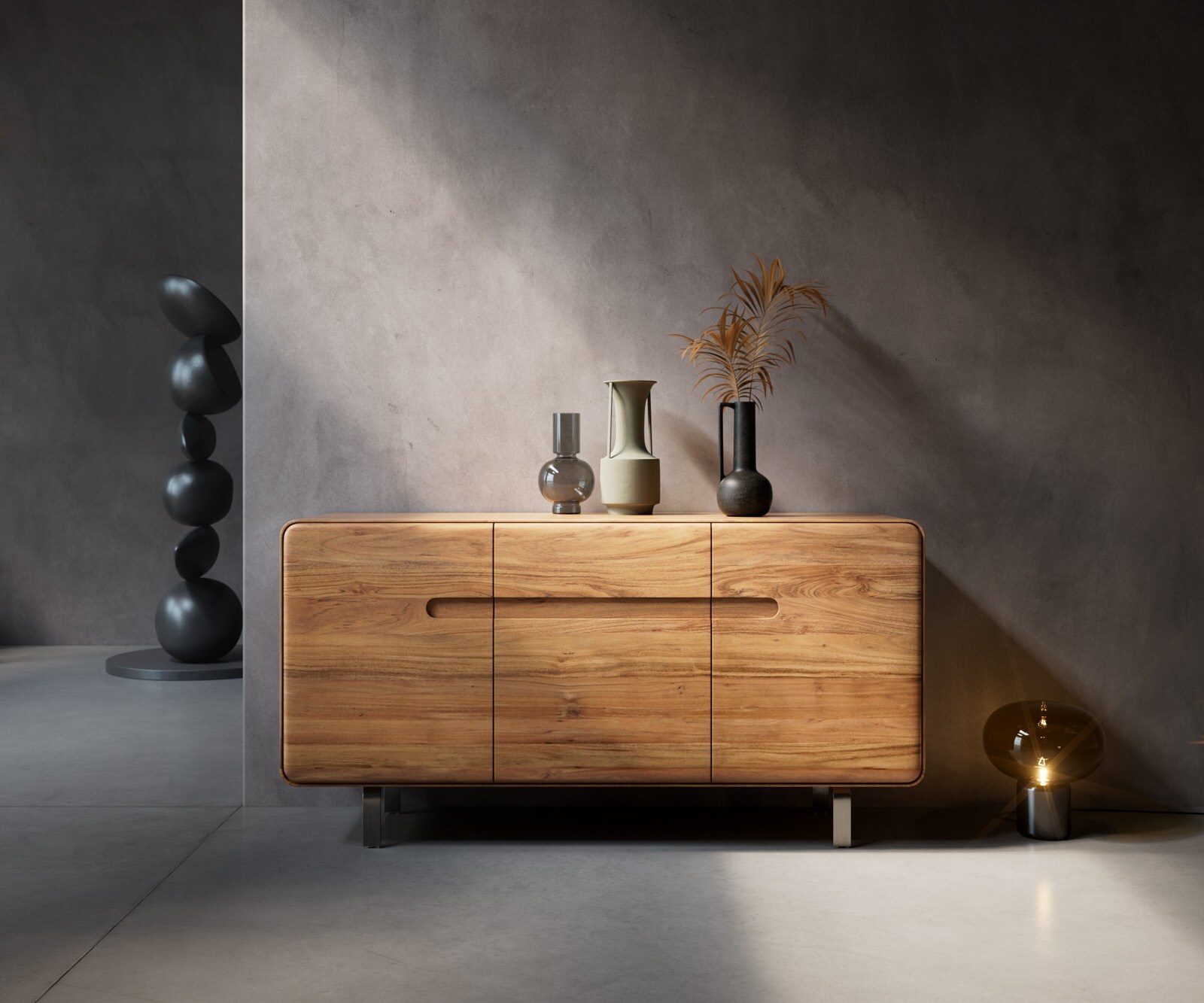 Dressoir Anaya 145 cm natuur acacia 3 deuren L-onderstel roestvrij staal Dressoir Anaya 145 cm natuur acacia 3 deuren L-onderstel roestvrij staal