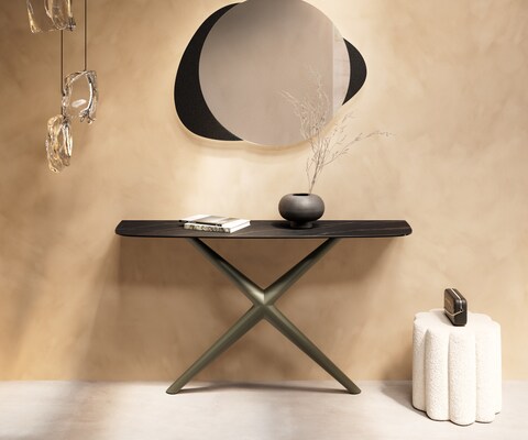 Consoletafel Edge Bootvorm 140x40 cm Keramiek Laminam® Noir Desir Braun Estelo Metaal Effektfinish Titan