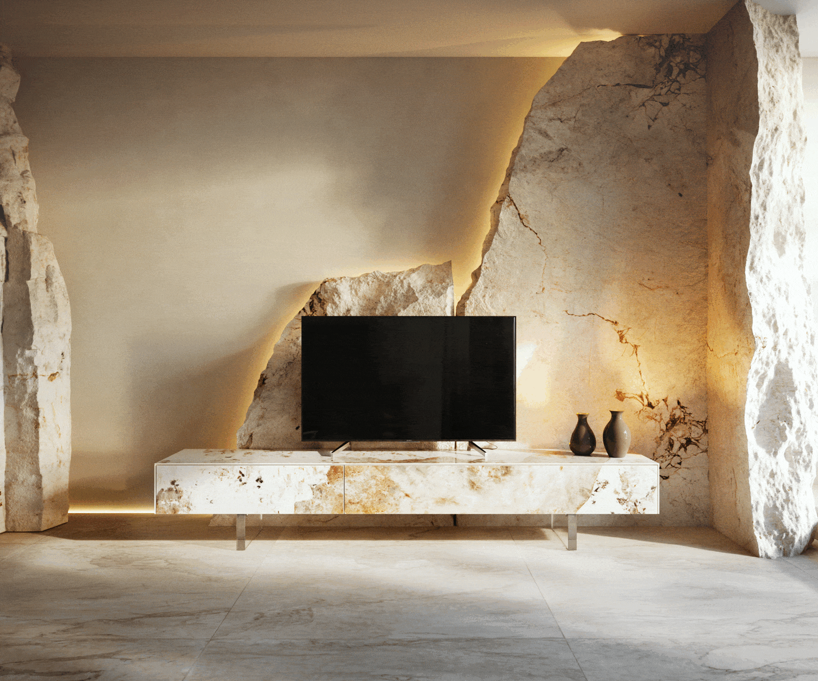 Tv-meubel Cuor 200 cm Keramiek Minas Melange Wit-beige 1 Flap 1 Lade Zwevende voet look Acrylglas 5