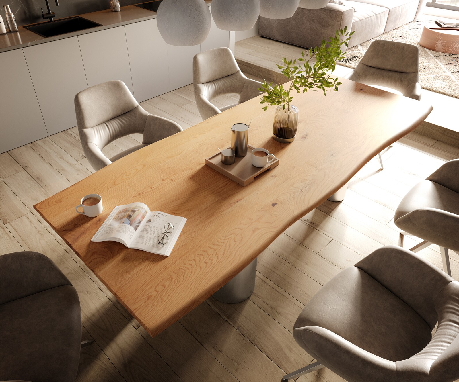 Eetkamertafel Edge 260x100x2,5-3 eiken natuurPilier roestvrij staal geborsteld Live-Edge 4