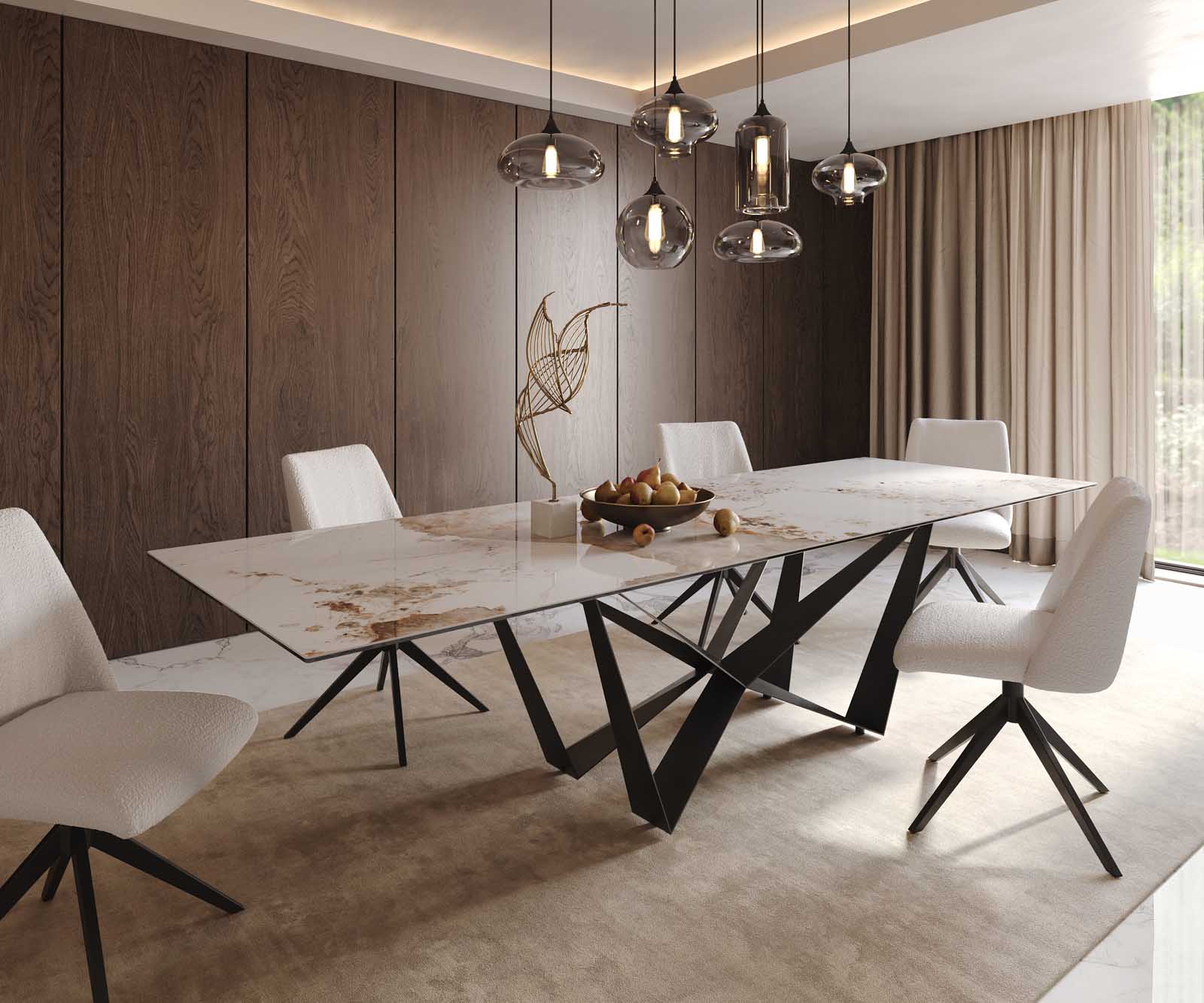 Eetkamertafel Edge 300x100 keramiek Minas Melange wit-beige spider vlak staal zwart
