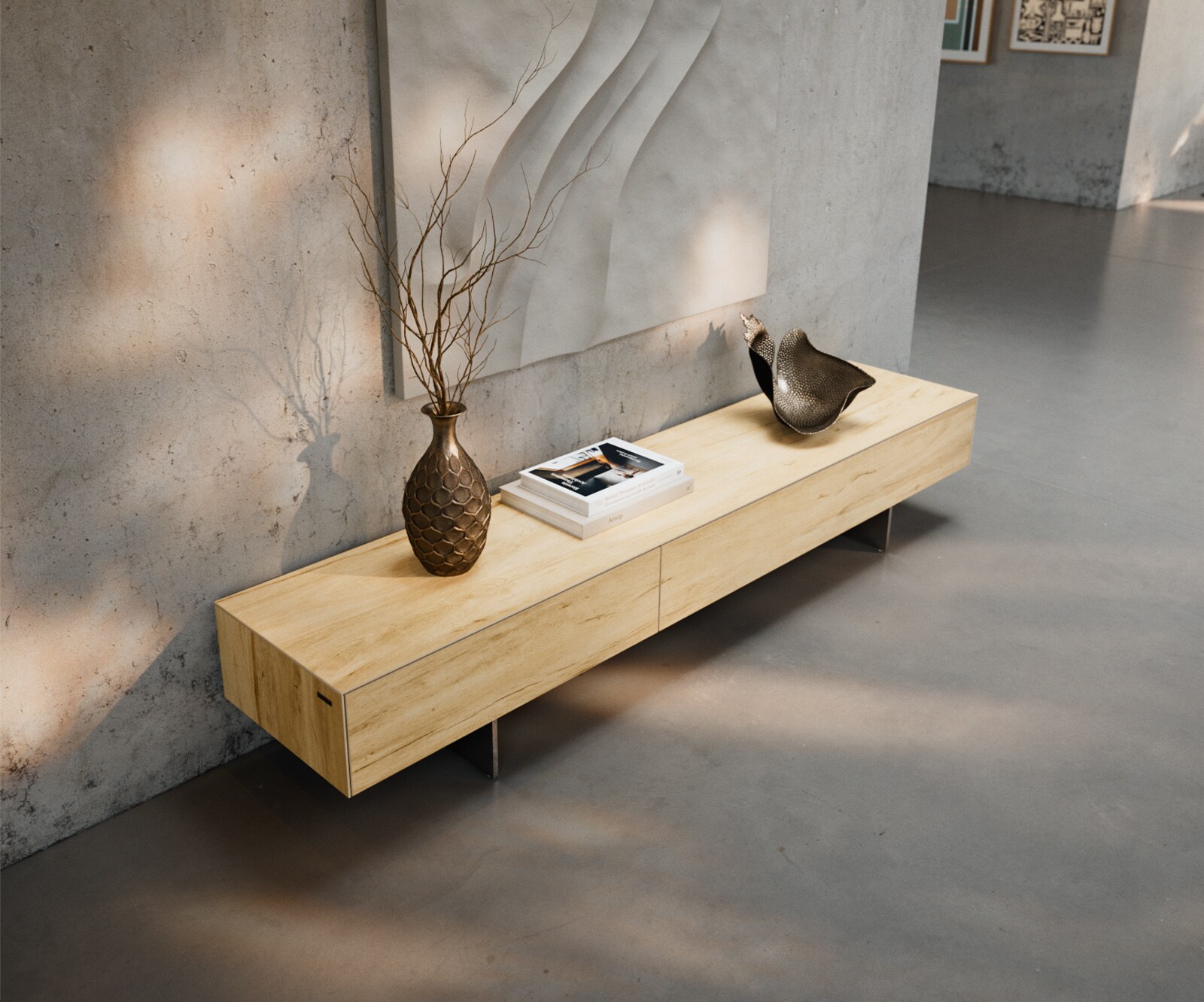 Tv-meubel Cuor 200 cm Keramiek Laminam® Sabbia Eiken gekleurd 1 Flap 1 Lade Zwevende voet look Roestvrij staal 3