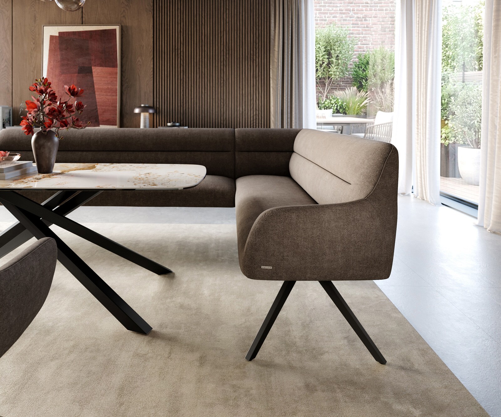 Eetkamerbank Taya-Flex 285x190 cm zachte stof met structuur taupe hoekig kruisframe zwart pocketvering links 5