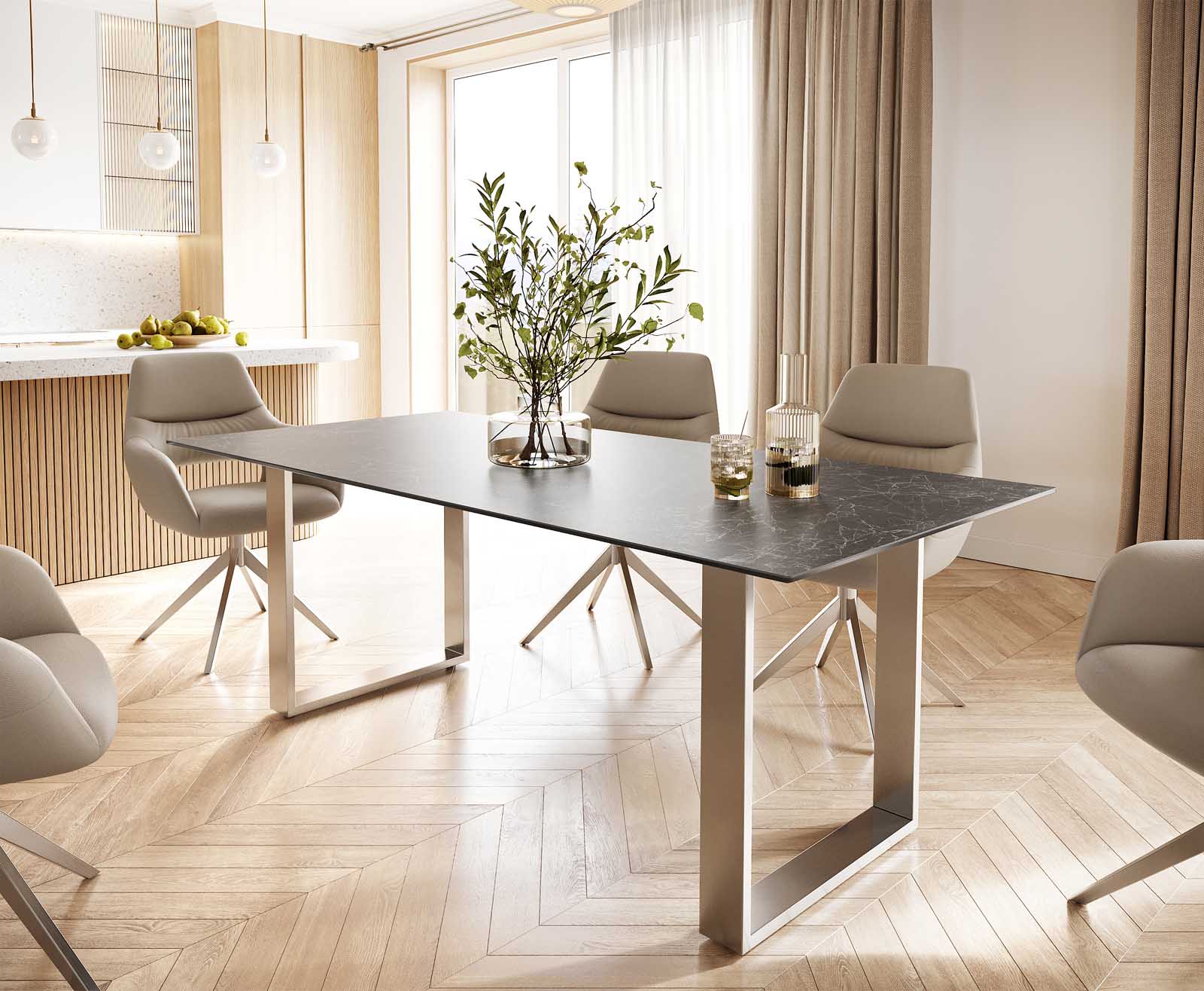 Eettafel Edge 200x100 keramiek Laminam® Nero Greco grijs roestvrij staal smal