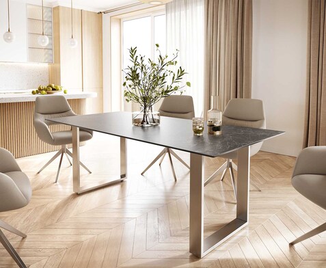Eettafel Edge 200x100 keramiek Laminam® Nero Greco grijs roestvrij staal smal
