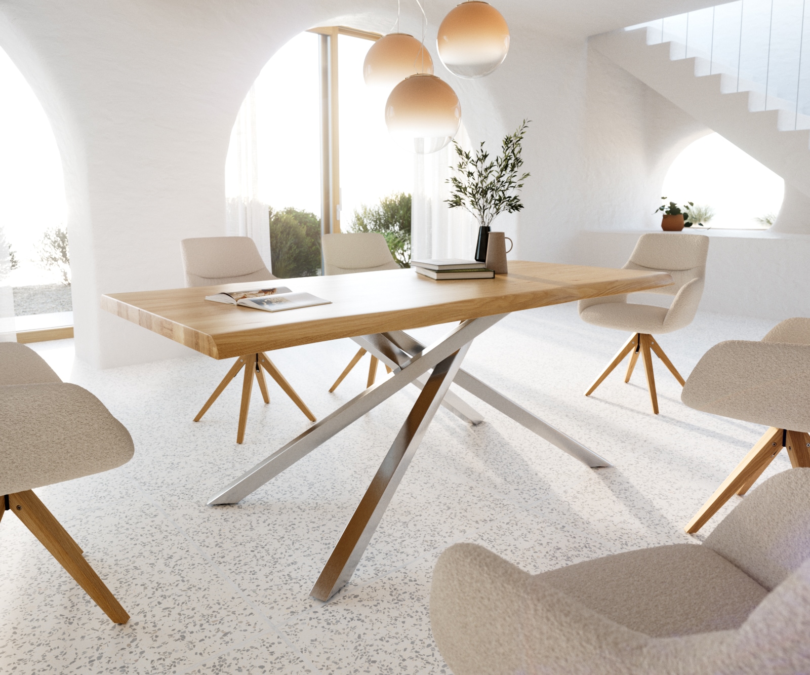 Eettafel Edge 200x100 eiken natuur kruisframe rechthoek roestvrij staal  Live-Edge gelakt Eettafel Edge 200x100 eiken natuur kruisframe rechthoek roestvrij staal  Live-Edge gelakt