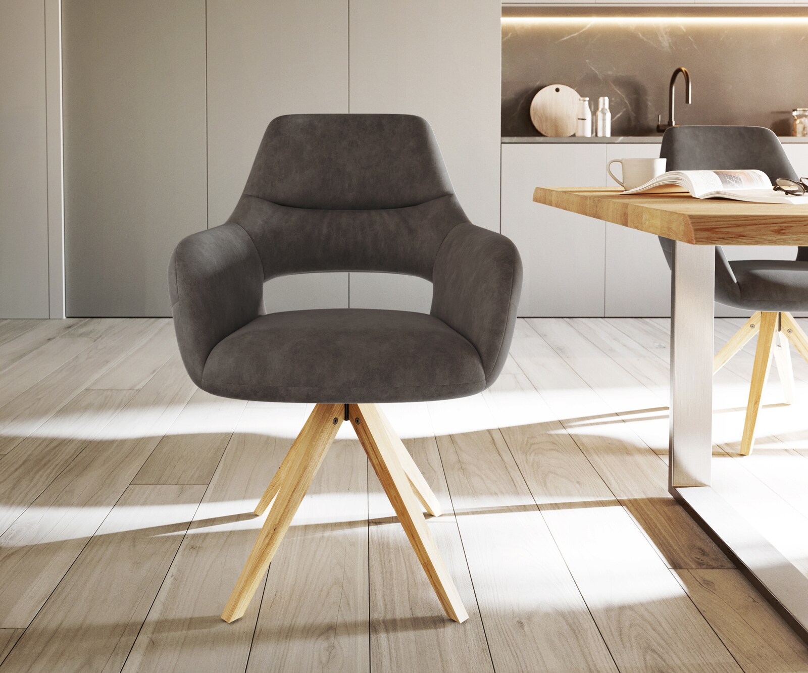 Eetkamerstoel Yago-Flex met armleuning microvelours antraciet vintage houten frame hoekig natuur pocketveer kern 2