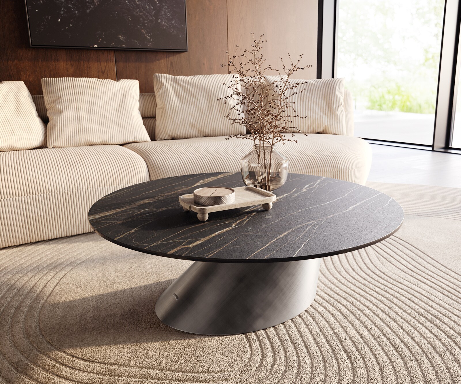 Salontafel Edge rond 100x100 cm keramiek Laminam® Noir Desir bruin Conis metallic zilver 1