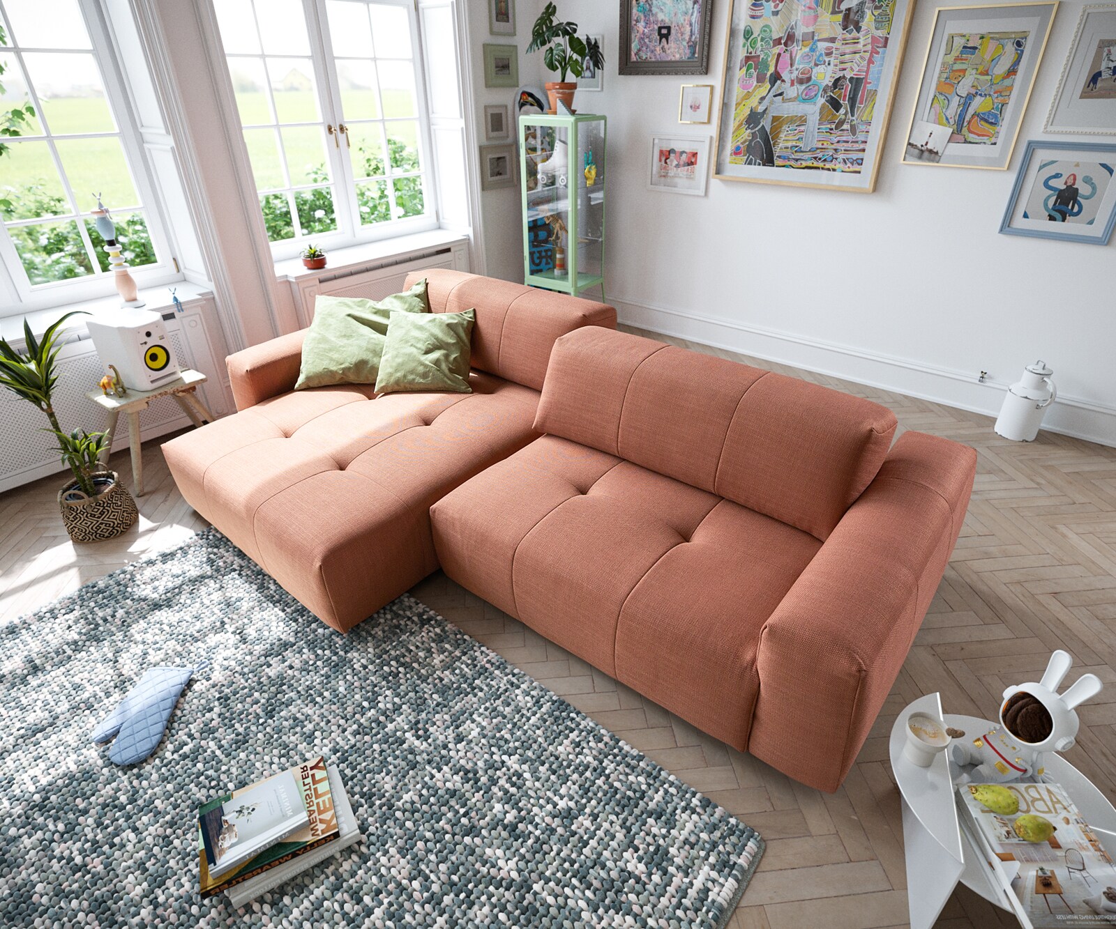 Hoekbank Lazaro 300x160 cm geweven oranje voetenbank links met zitdiepteverstelling 4