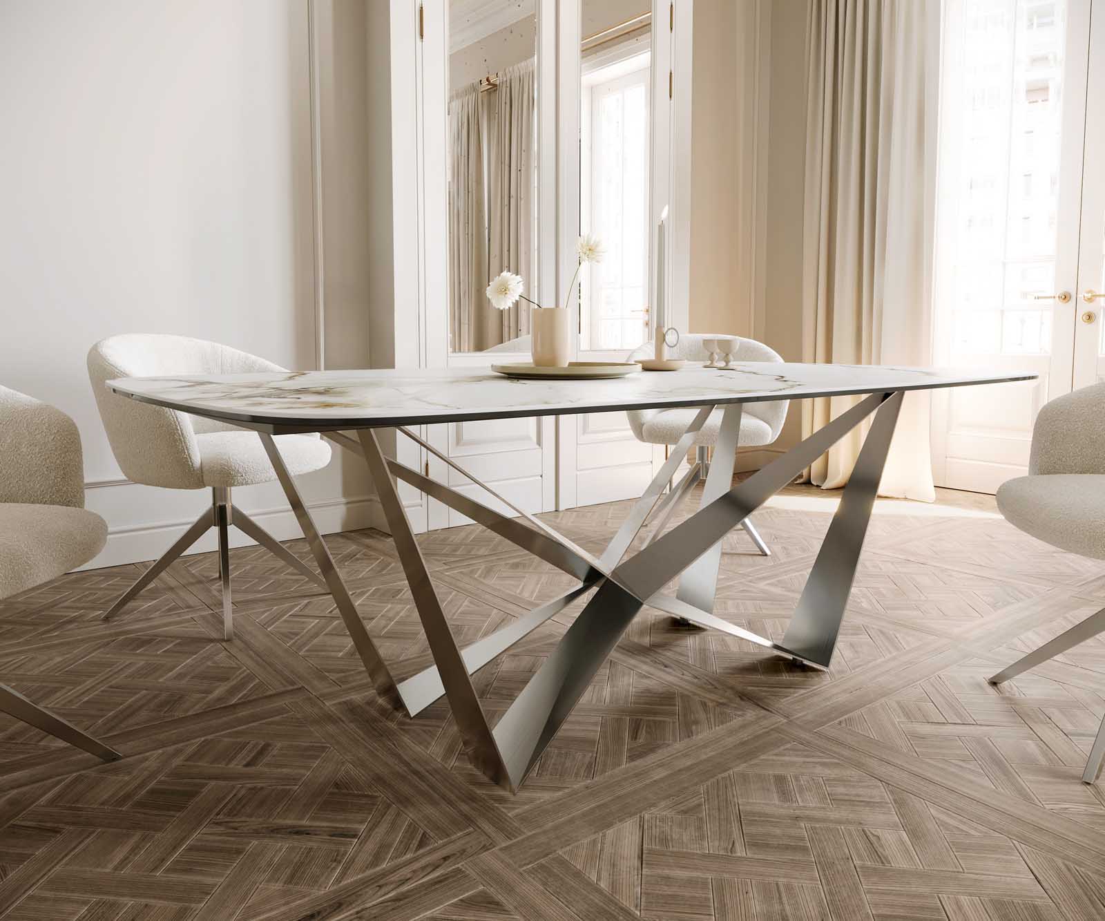 Eetkamertafel Edge Boot 200x100 keramiek Calacatta Luxe wit-goud-grijs spider vlak staal RVS 5