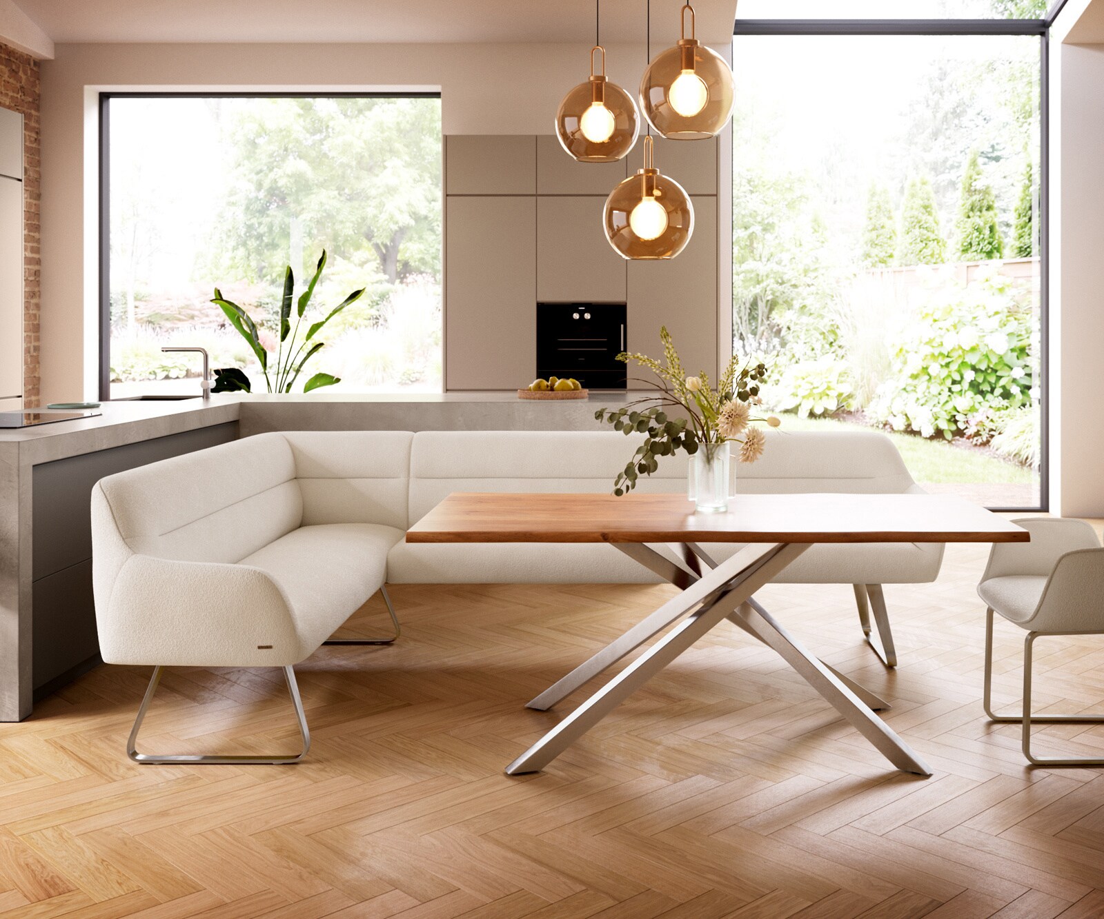 Eetkamerbank Taya-Flex 285x190 cm bouclé crème-wit platte sledebasis roestvrij staal pocketvering rechts 2